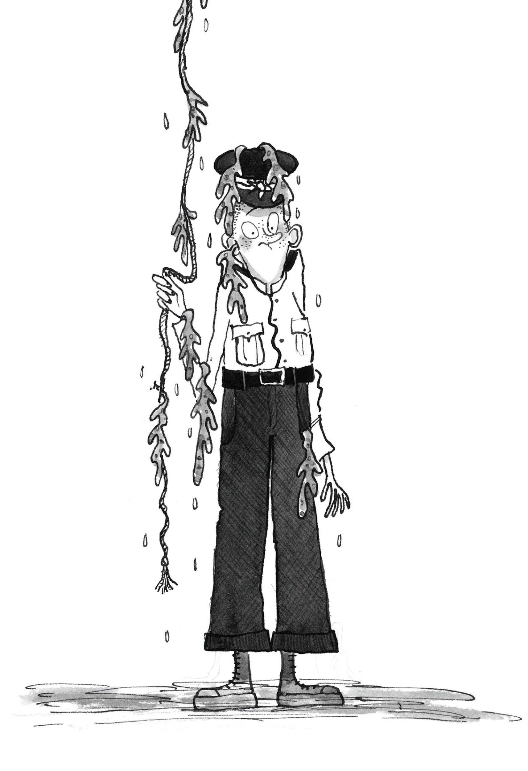 Black and white illustration of a boy standing with water pouring on him, water dripping from his hair and clothes, with a surprised expression.