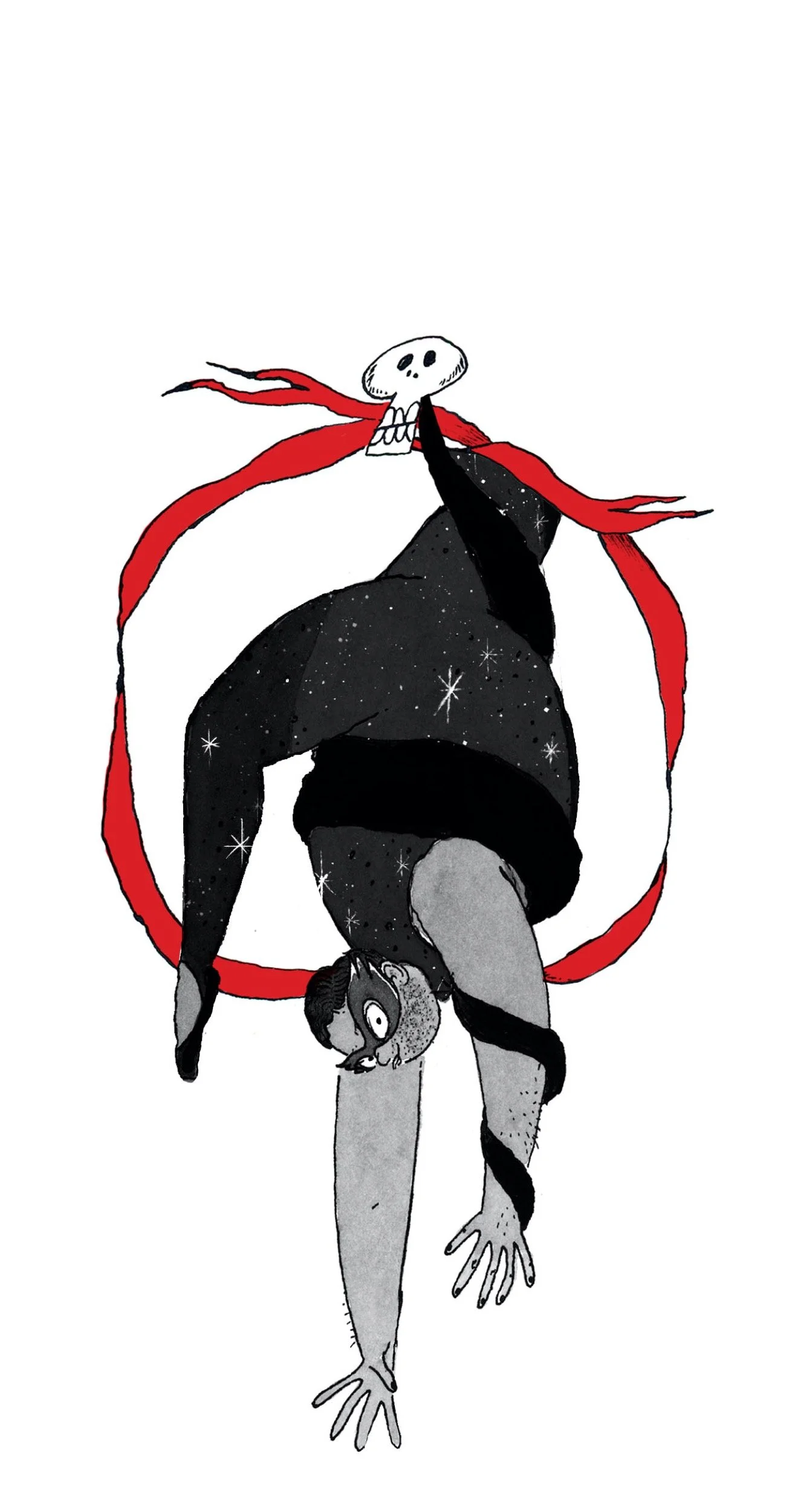 A surreal illustration of a person with a black, starry body in a handstand, with a white skull-like face and a red ribbon around their neck. A small skeleton figure with a skull head is in their mouth, and their broken glasses are on their face.