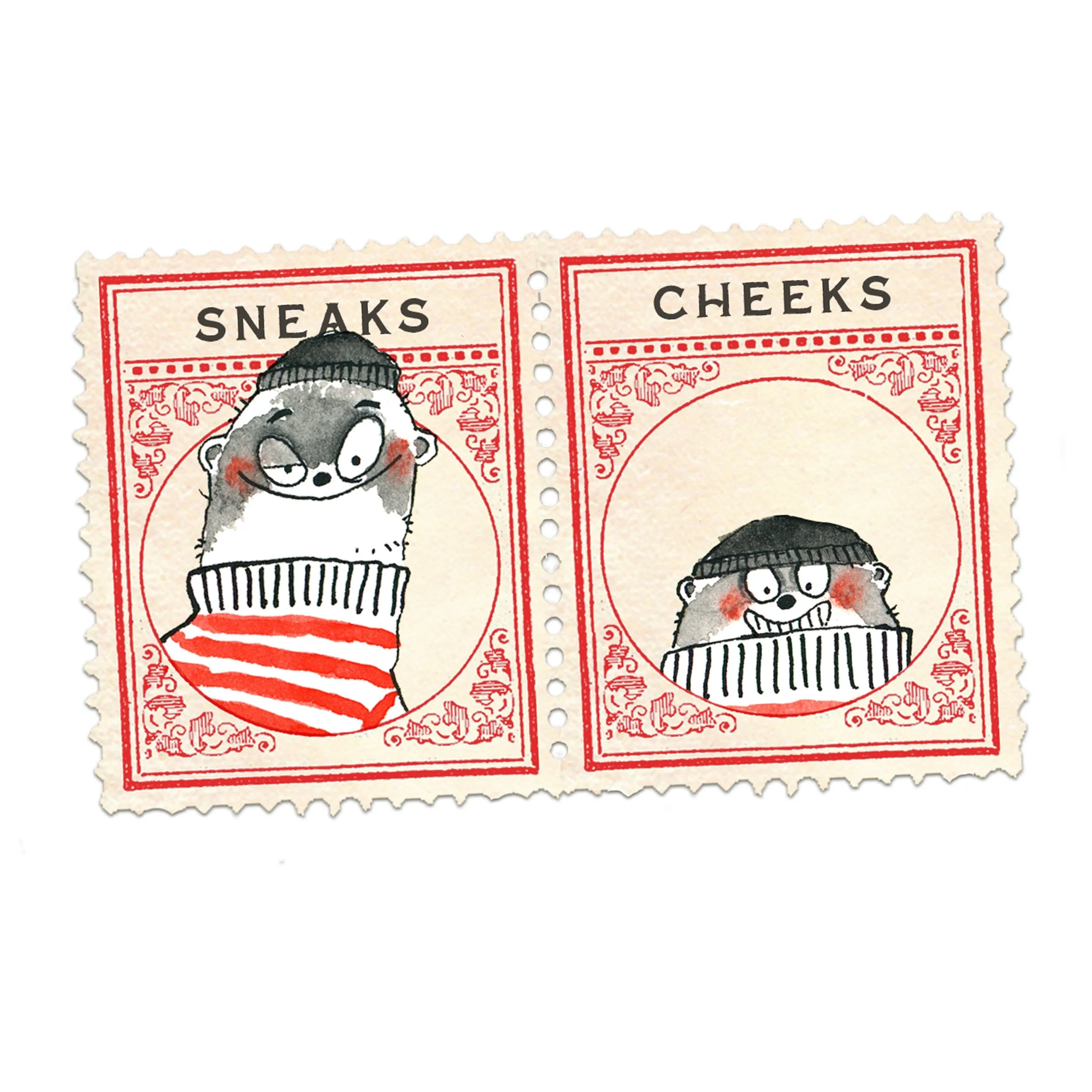 Illustration of two vintage ticket stamps featuring cartoon hedgehogs, one labeled 'Sneaks' with a hedgehog wearing a striped sweater and beanie, and the other labeled 'Cheeks' with a hedgehog in a similar sweater and beanie.