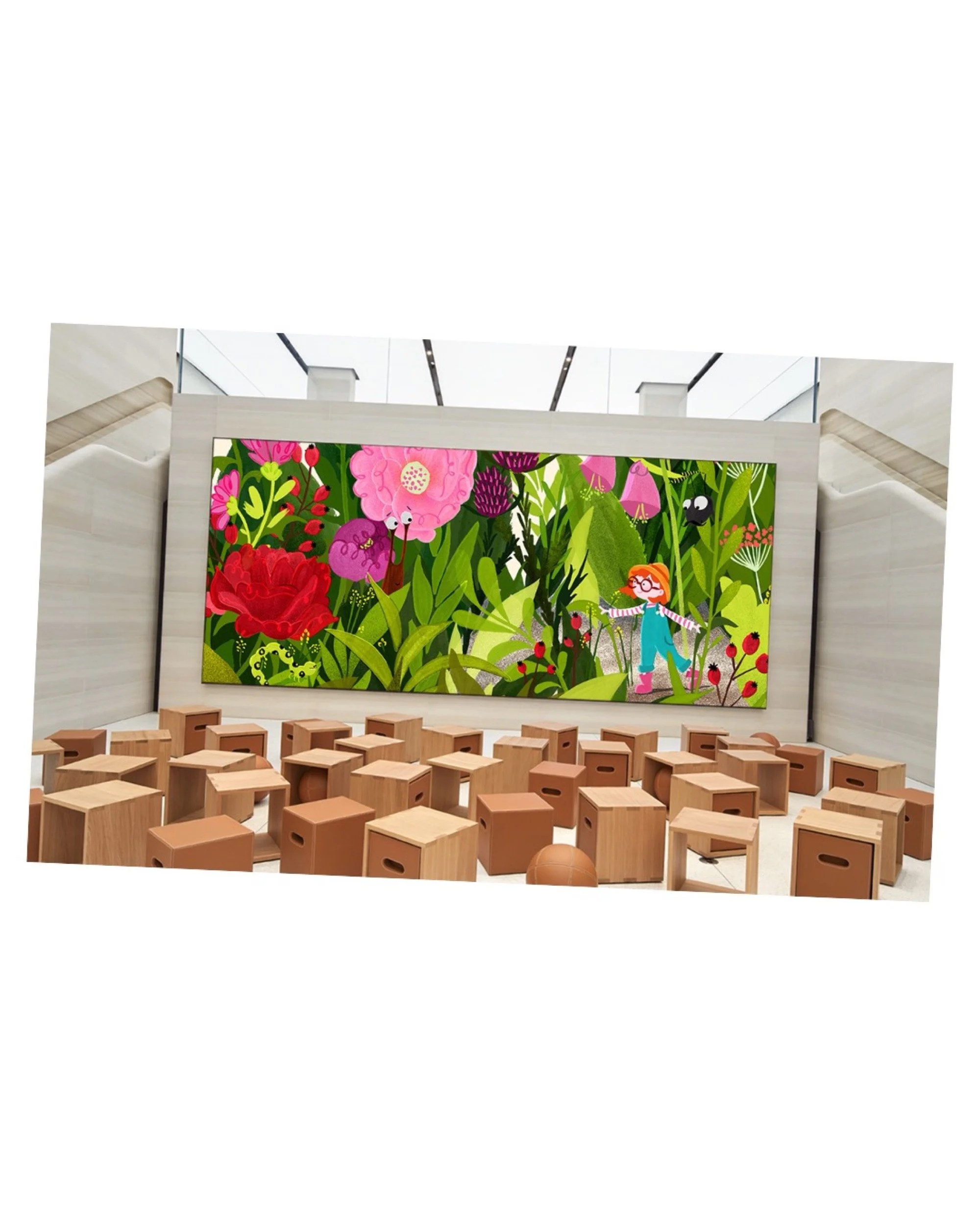 An indoor presentation space with a large colorful cartoon mural of a girl in a garden, surrounded by flowers, insects, and animals, with small wooden stools arranged in front.