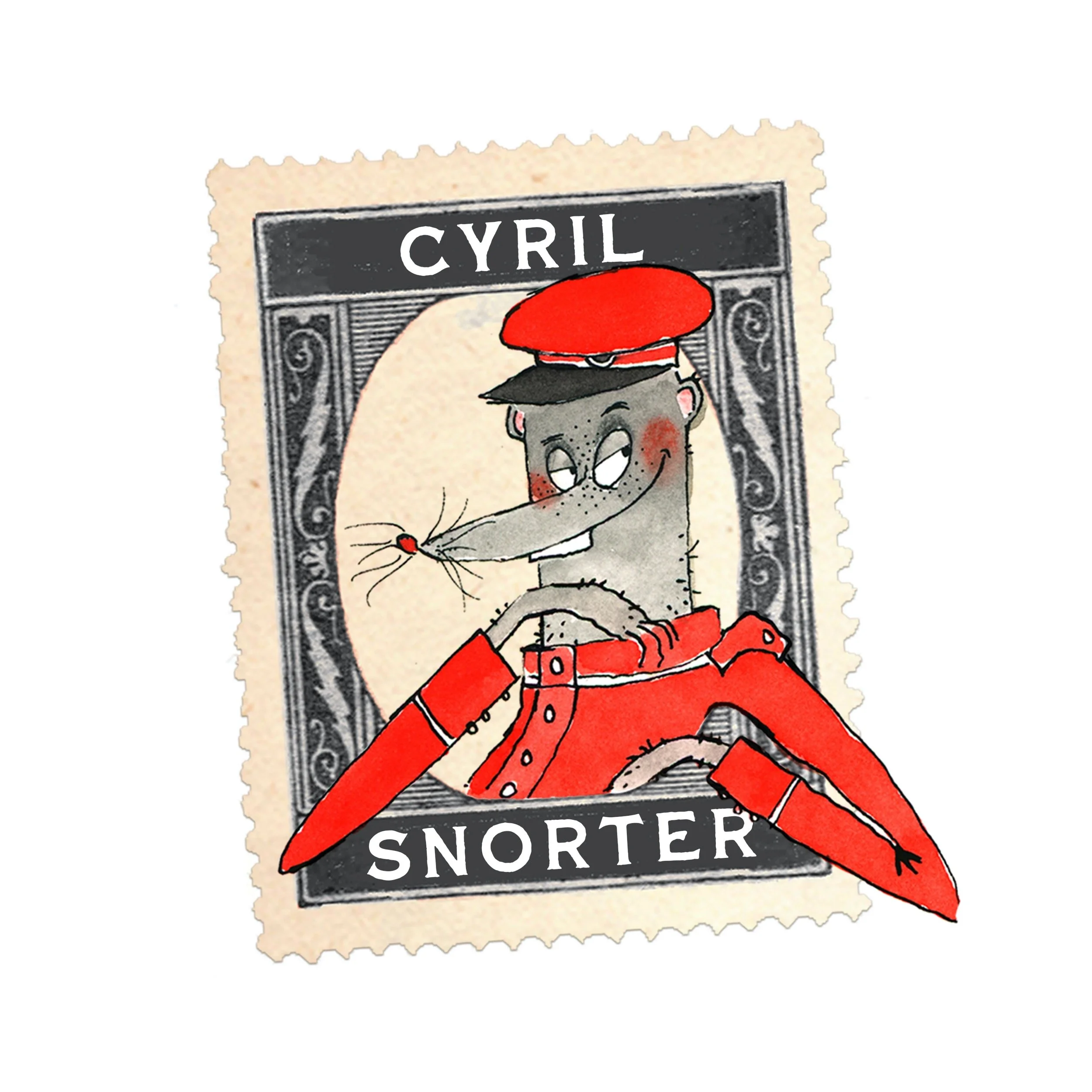 Illustration of a weasel dressed as a soldier, with a red hat and coat, in front of a vintage military-style poster with the text 'Cyril Snorter.'