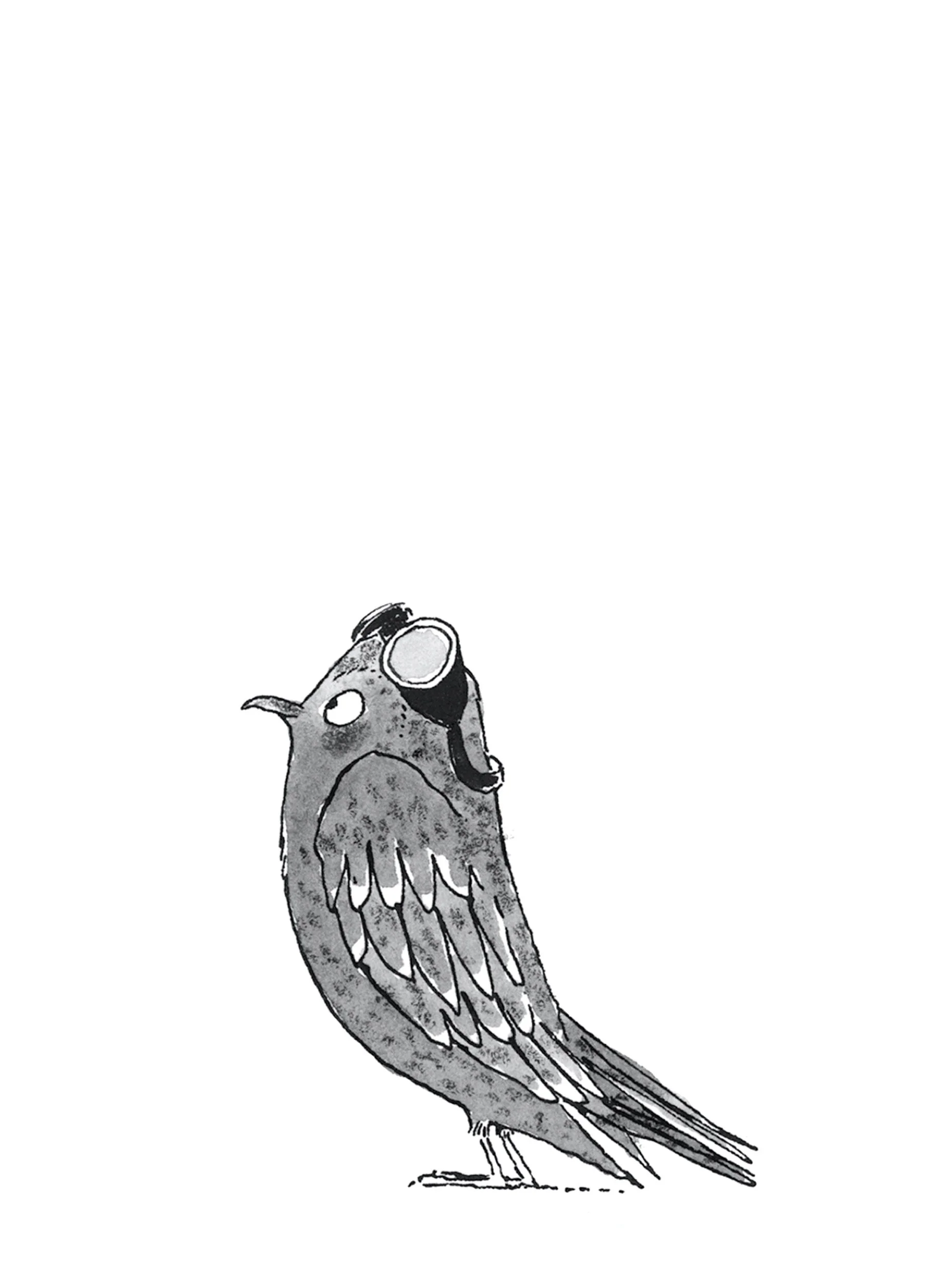 Drawing of a bird with a vintage telephone on its head, standing on a patch of ground.