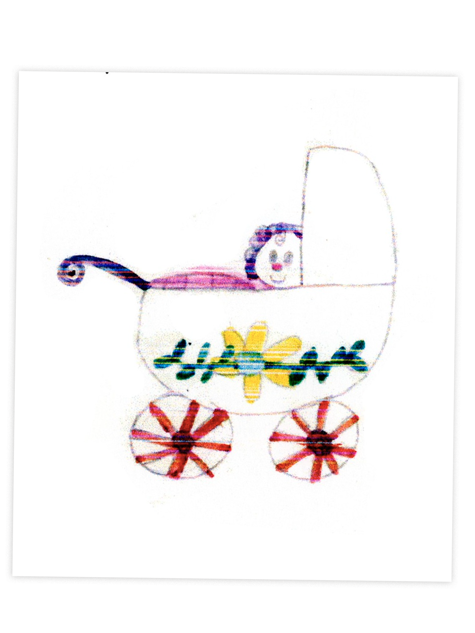 Child's drawing of a toy stroller with a doll's head inside, decorated with a butterfly and red wheels.