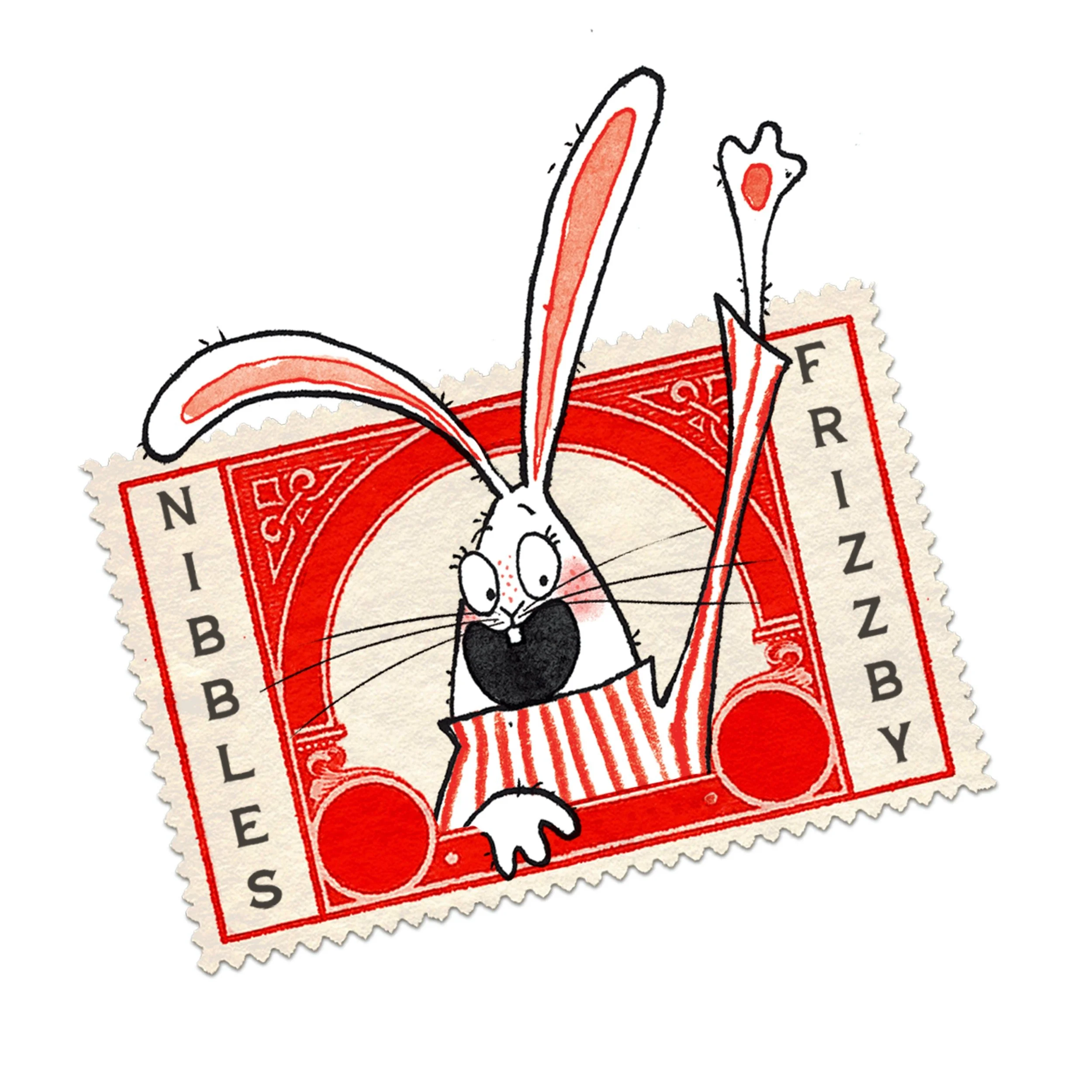 A cartoon illustration of a cheerful rabbit with big ears and a striped shirt, raising one arm in front of a red and white postage stamp design with the words 'Nibbles' and 'Fuzzy' on the sides.
