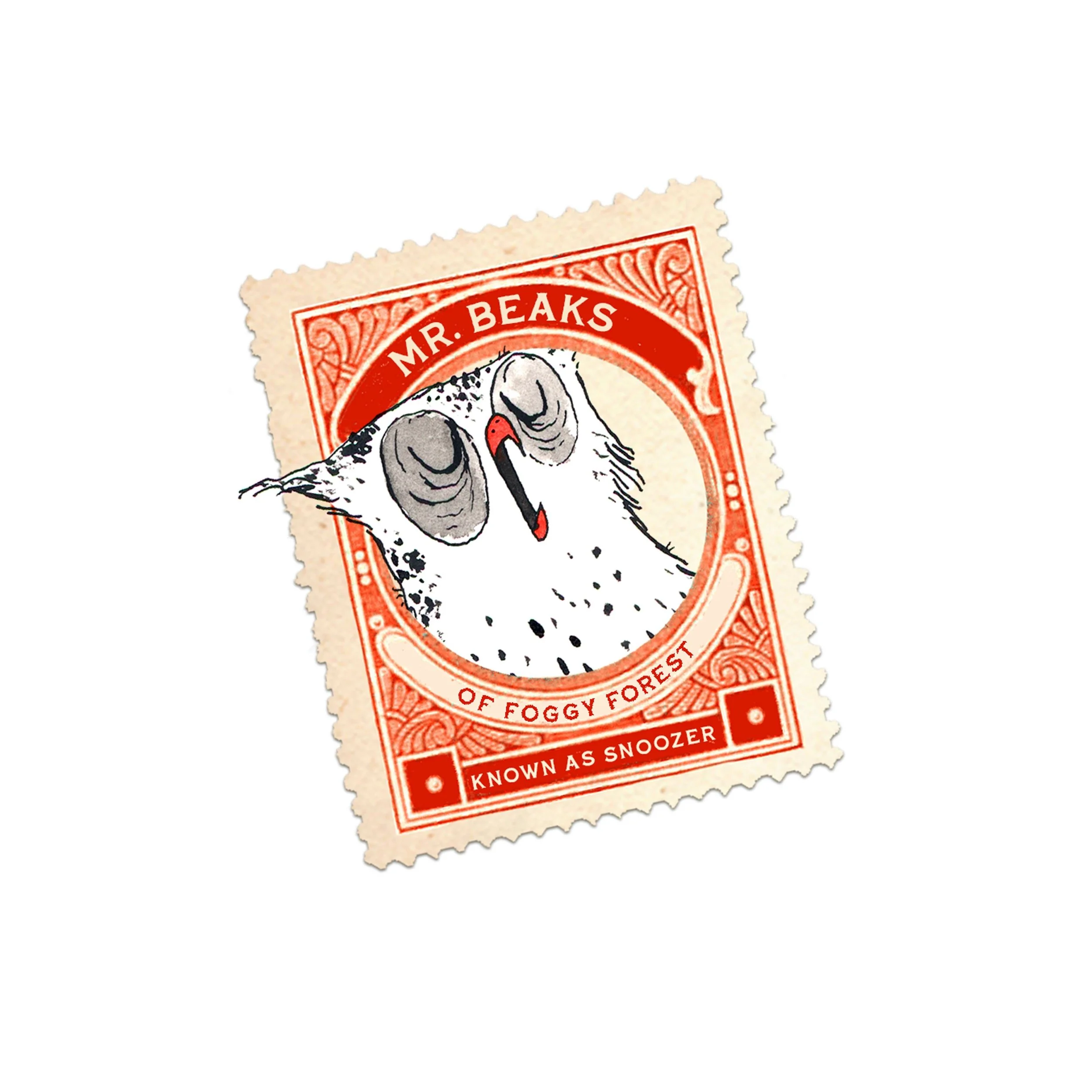 Illustration of a vintage-style stamp with a sleepy owl, labeled "Mr. Beaks," from "Foggy Forest," known as "Snoozer."