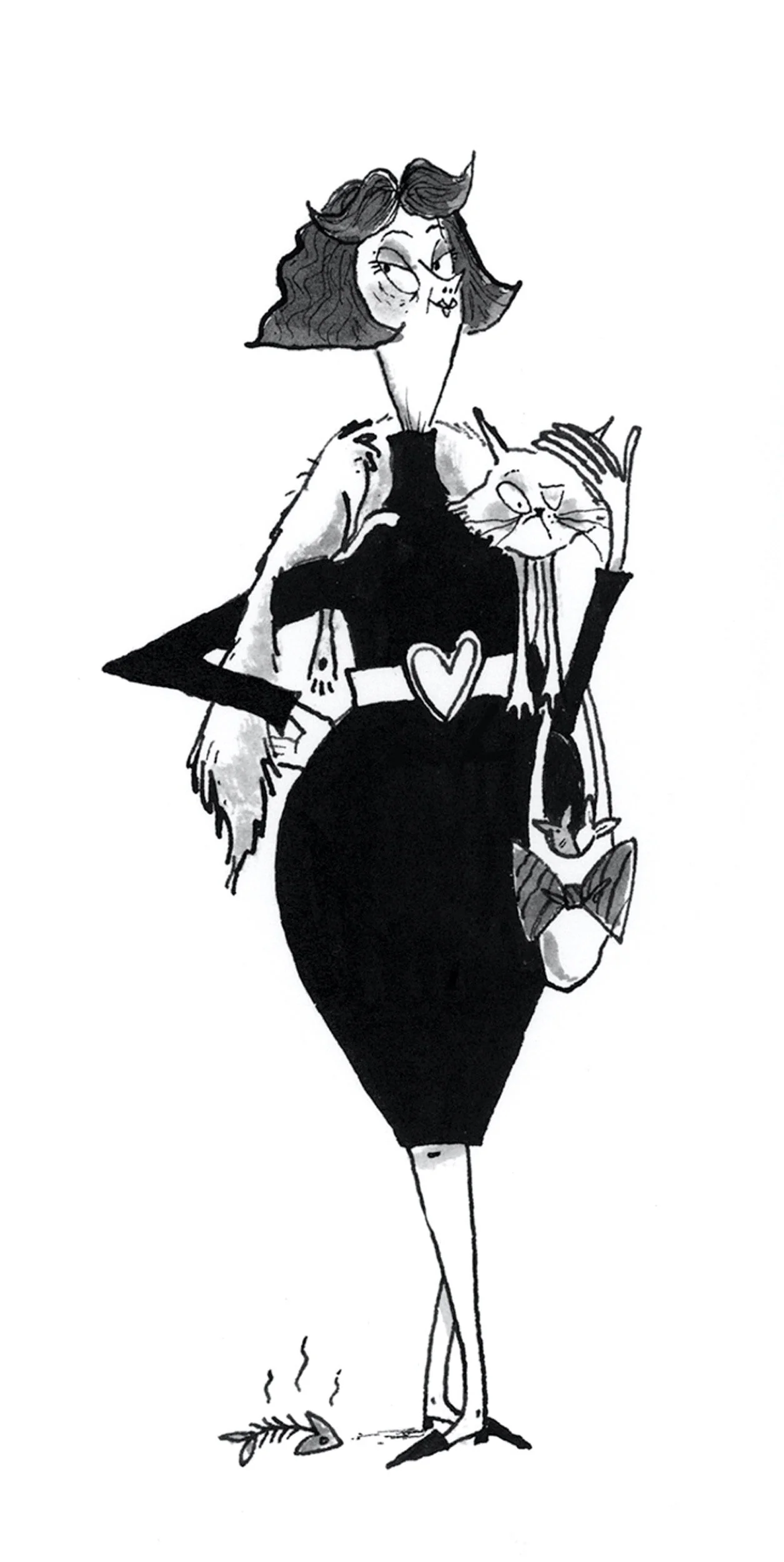 Black and white drawing of a tall woman with dark hair in a fashionable dress, standing confidently with one hand on her hip, surrounded by two cats, one on her shoulder and one at her feet, with a small smoking object near her feet.