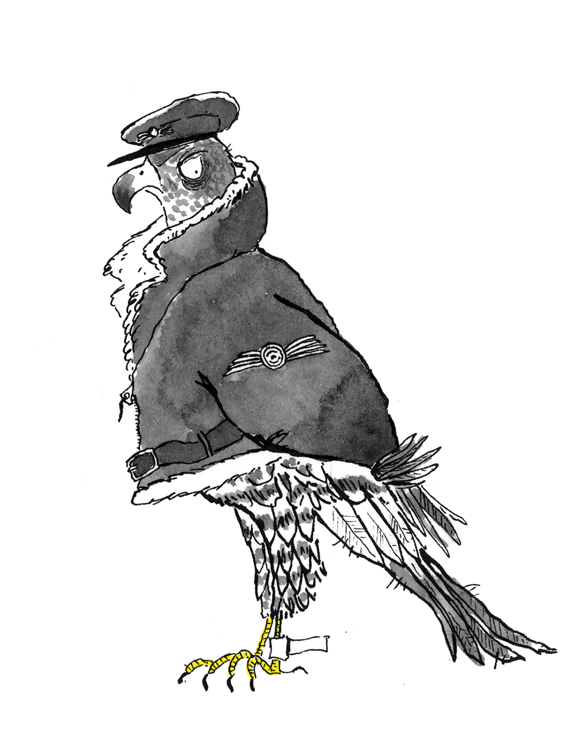 Black and white illustration of a bird bird dressed as a pilot, wearing a pilot hat and scarf, with a monocle, standing on one leg with the other leg drawn up, against a plain background.