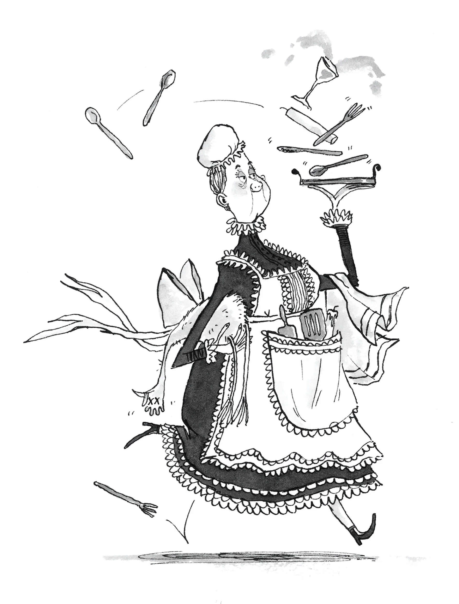 A whimsical cartoon of a woman dressed in a stereotypical maid or housekeeping outfit, juggling dishes and utensils, with a playful and exaggerated expression.