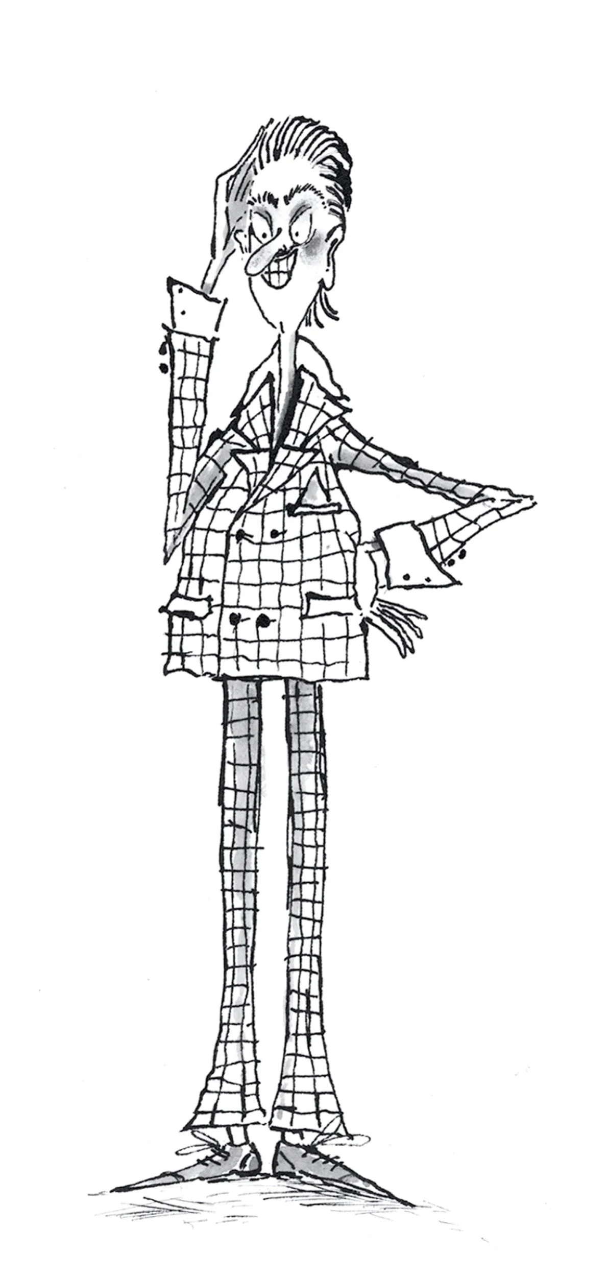 Black and white sketch of a tall, slender man with a long face, large nose, and exaggerated features, wearing a checkered suit with wide pants, a patterned jacket, and a tie, standing with one hand on his hip and scratching his head.
