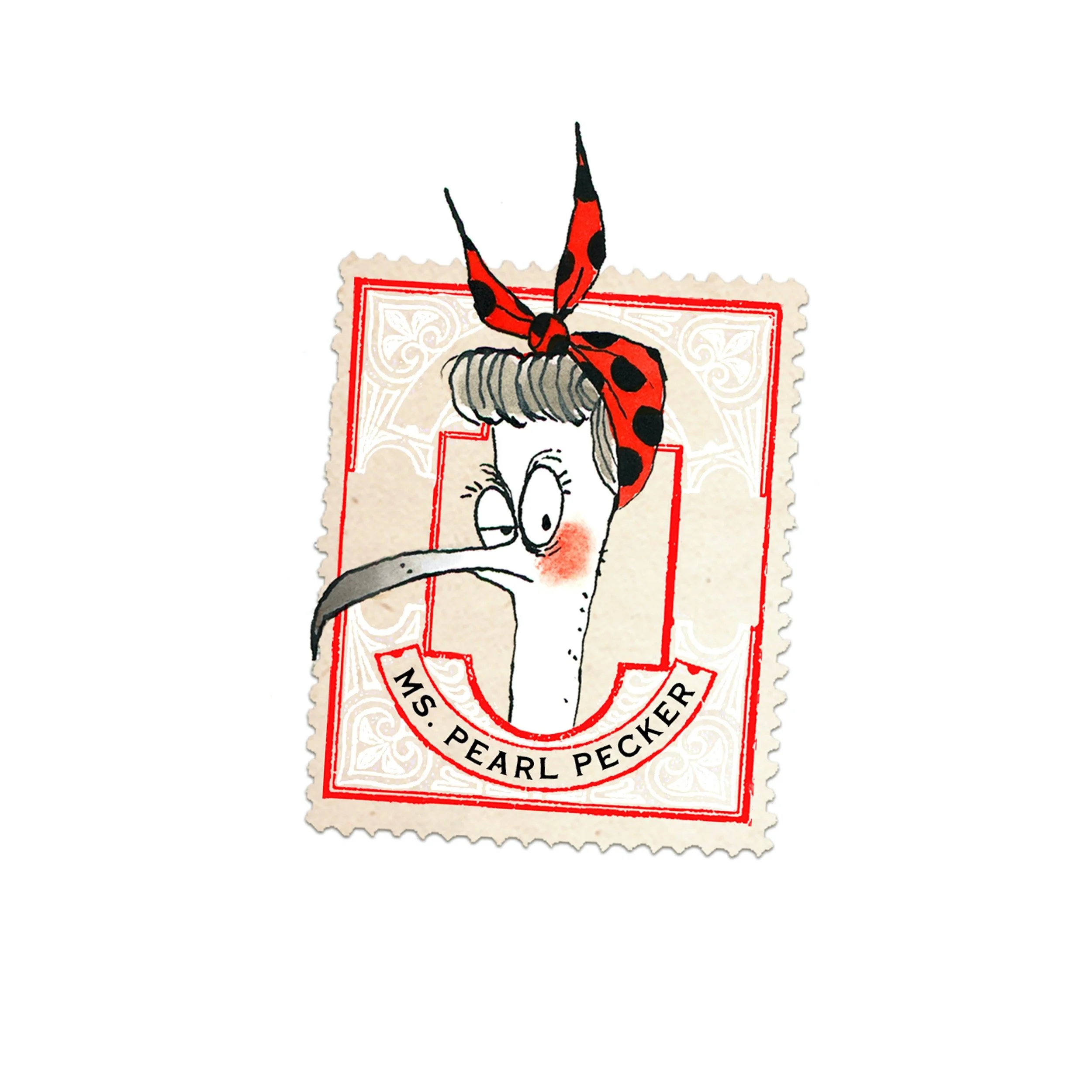 A postage stamp featuring a cartoon of a stork with a red bandana with black spots on its head, and the text 'Ms. Pearl Pecker'