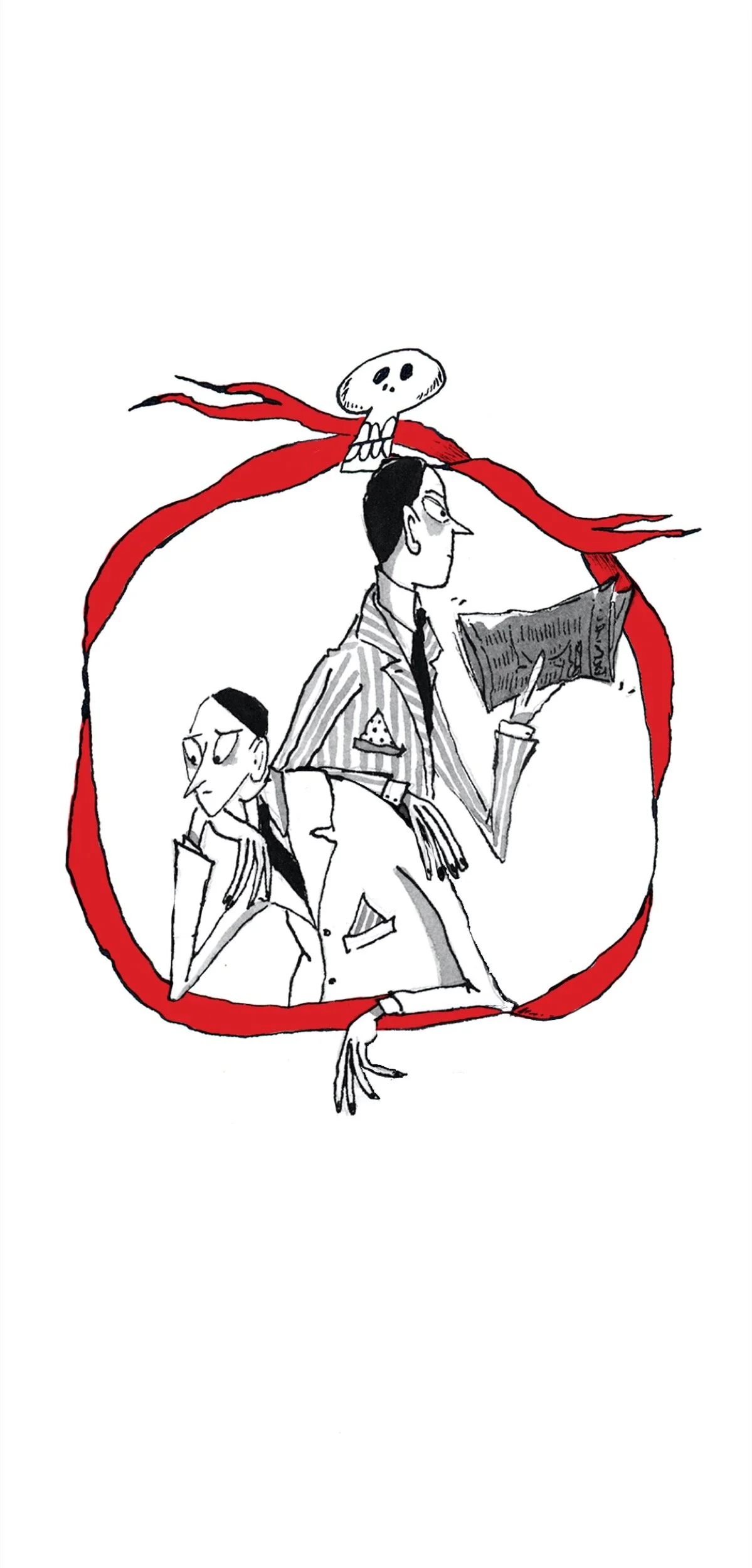 Drawing of two men in striped suits, one reading a newspaper and the other looking away, surrounded by a red ribbon and a skull at the top.