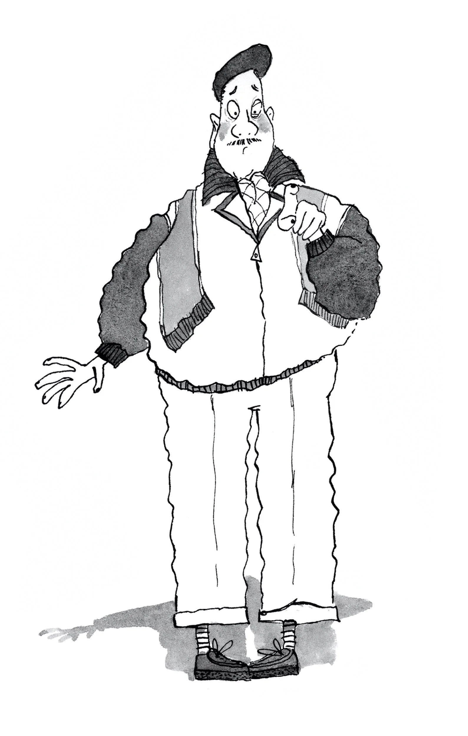A black and white cartoon drawing of a man with a worried expression, wearing a jacket, pants, striped socks, and shoes, standing with one hand on his chest and the other stretched out.