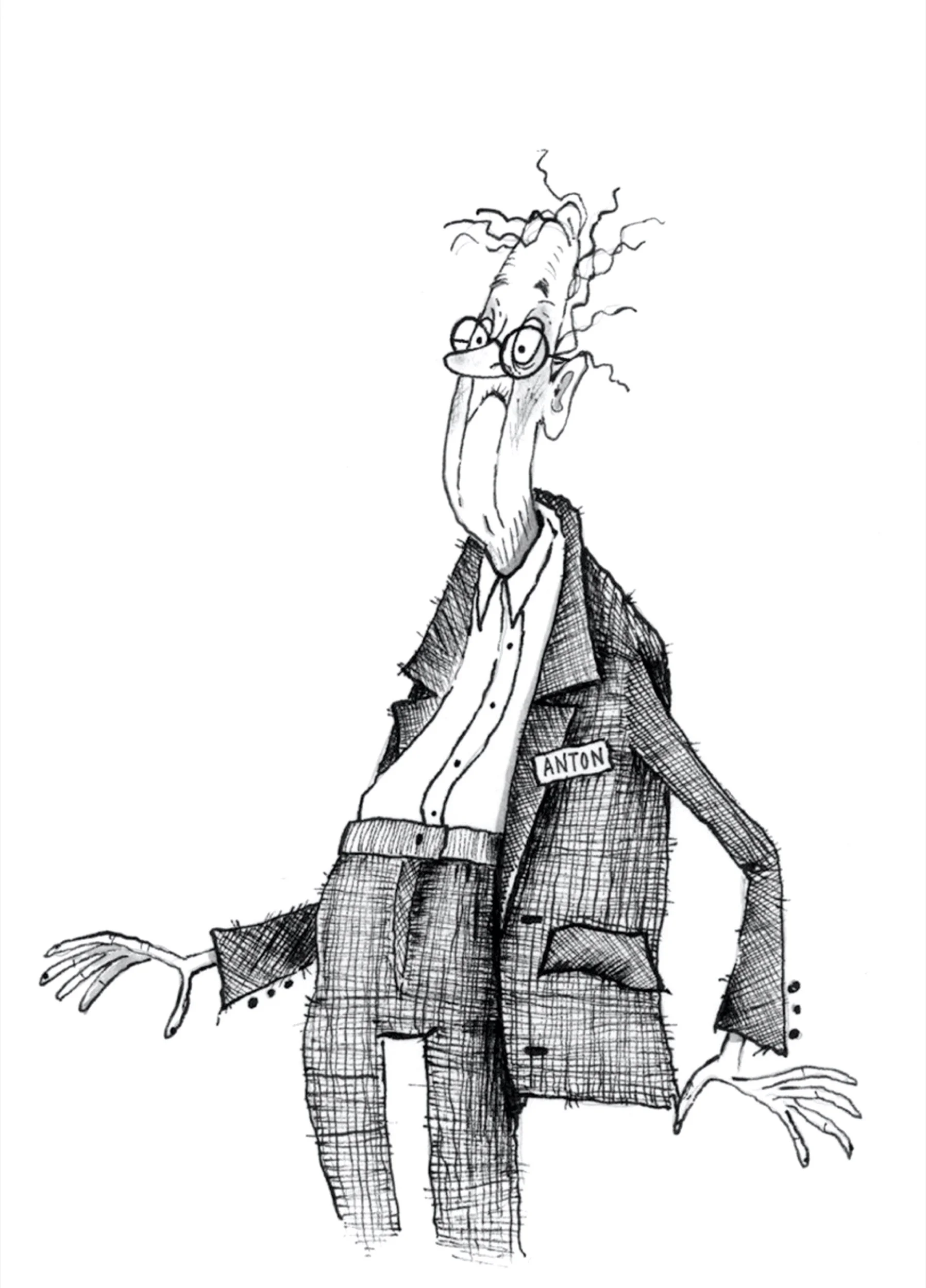 Black and white cartoon illustration of a tall, skinny, confused man wearing glasses and a coat with a name tag 'Anton'. He has a long face, spiky hair, and an exaggerated expression.