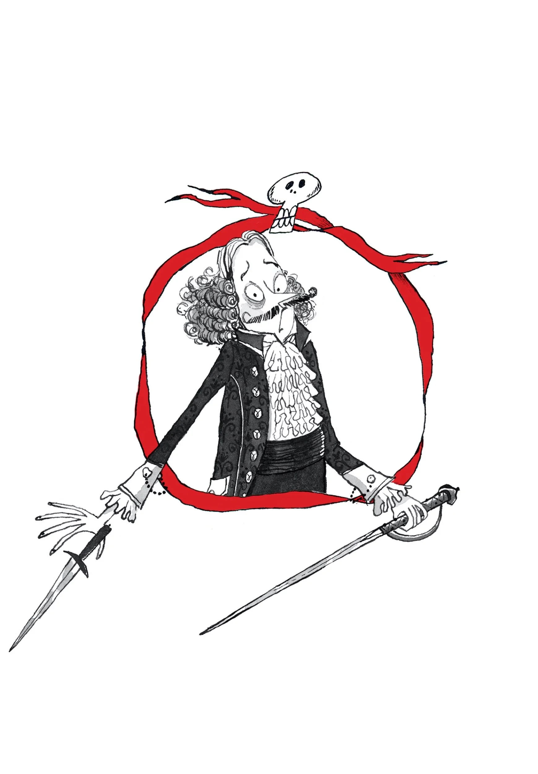 A cartoon illustration of a lively woman with curly hair, wearing a Victorian-style blouse with frills and a dark jacket, holding a rapier in each hand. She has an ironical expression, and a red ribbon encircles her head, topped with a skull with a t