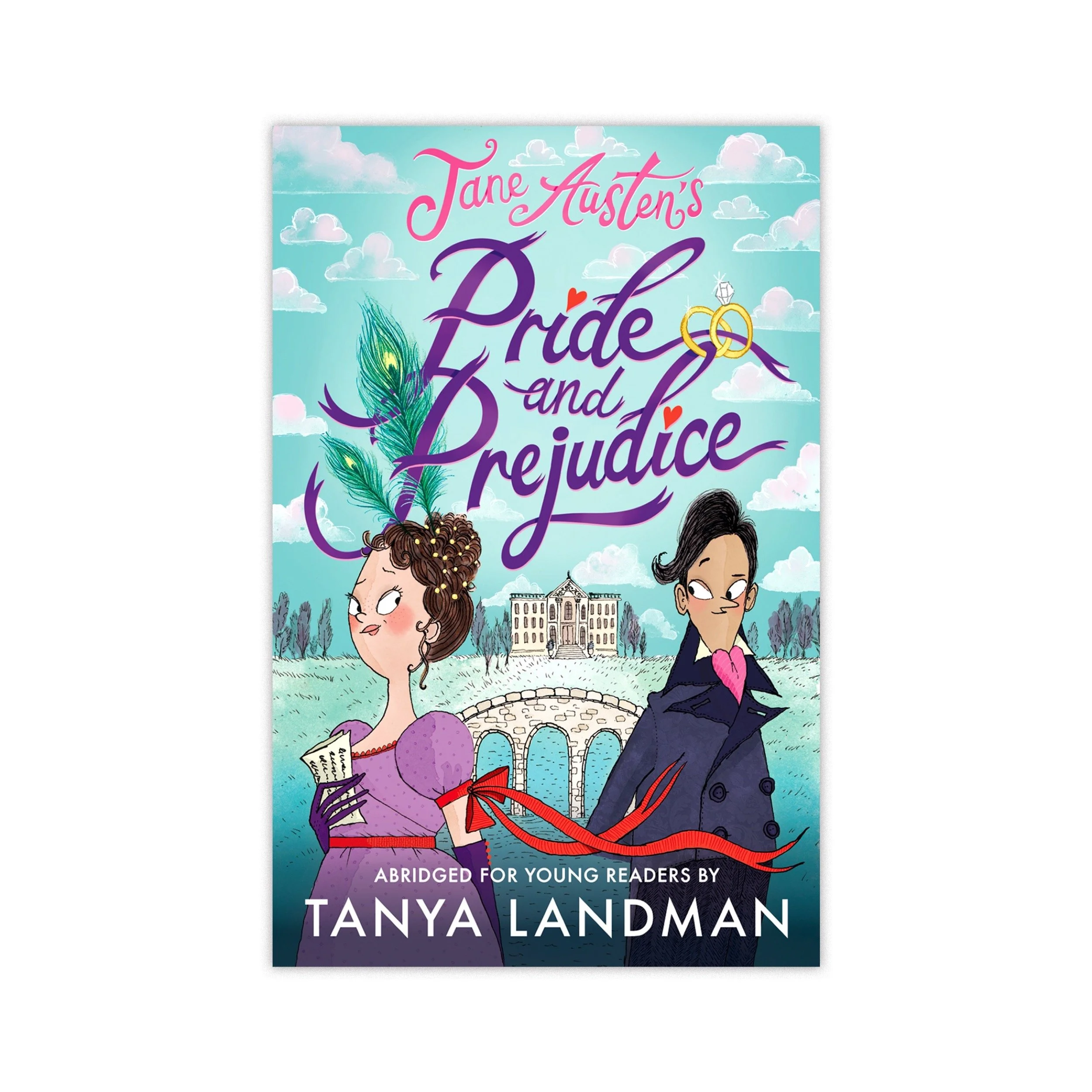 Book cover of 'Pride and Prejudice' adapted for young readers, featuring illustrated characters of a woman with peacock feathers and a man in a coat, standing in front of a building with a bridge and trees under a sky with clouds.