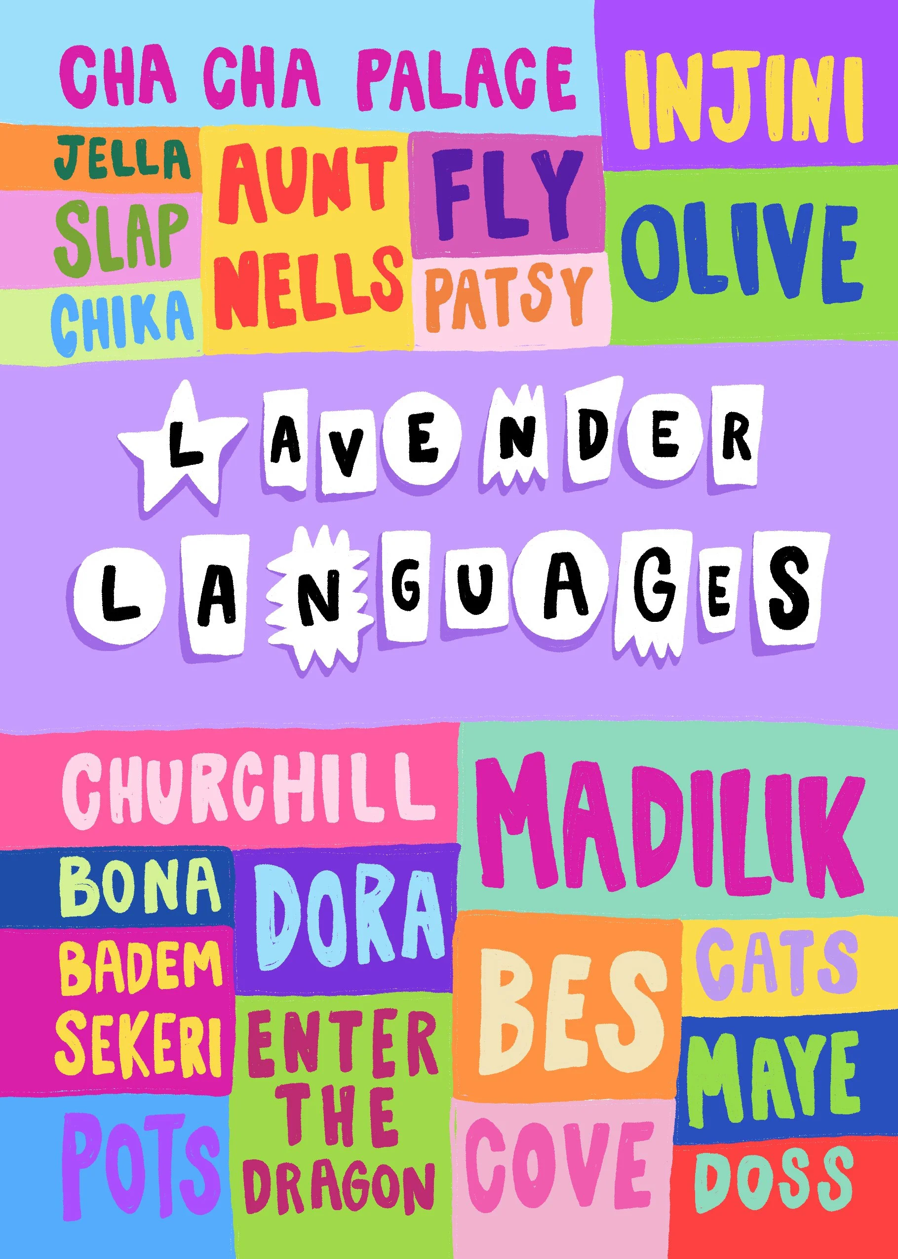 Colorful illustration with various words in different fonts and colors, including 'Lavender', 'Languages', 'Chamberlain', 'Madilik', 'Dora', 'BES', 'CAVE', and others, arranged in blocks across the image.