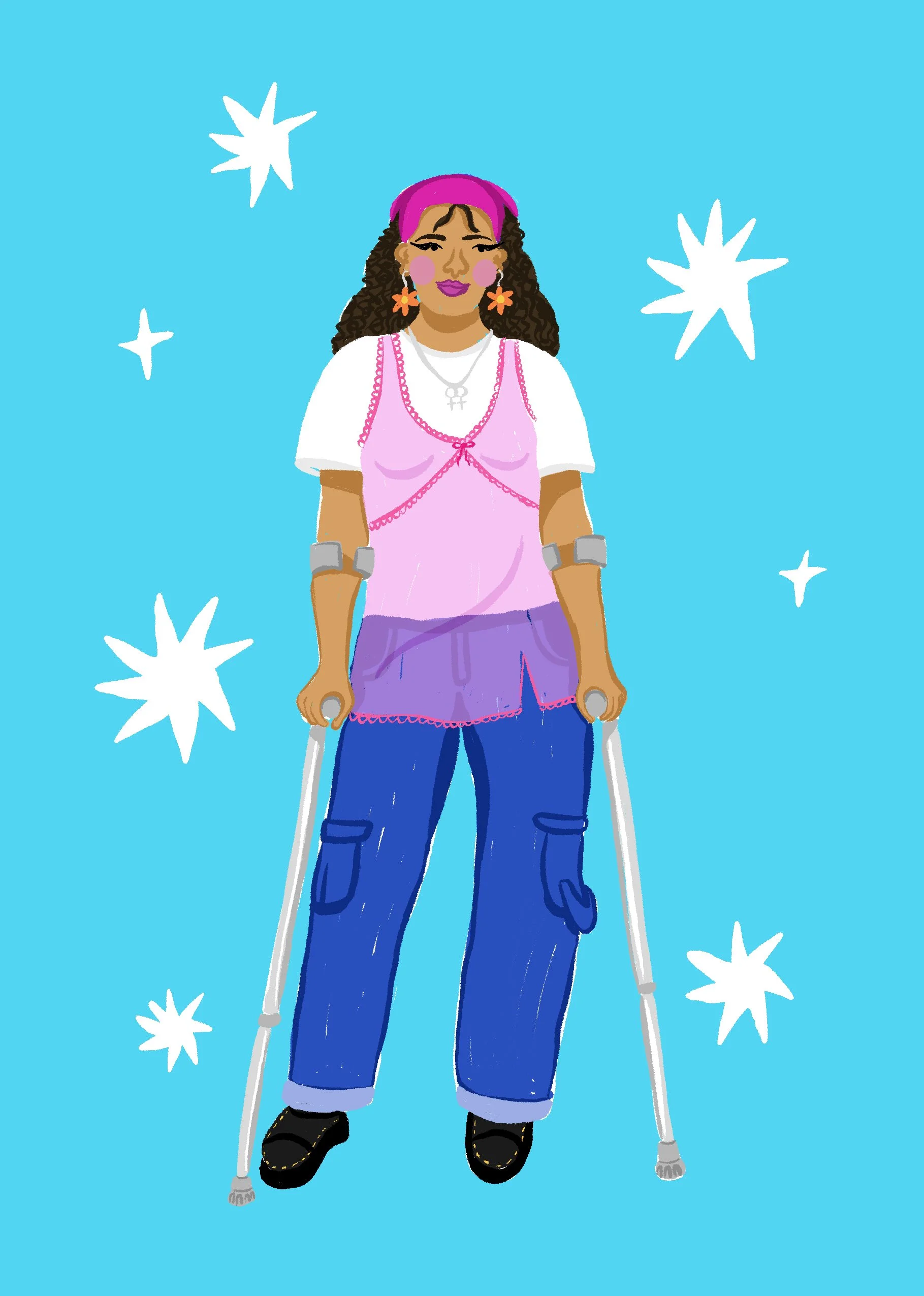 Illustration of a woman with crutches and purple pants standing against a blue background with white star-like shapes