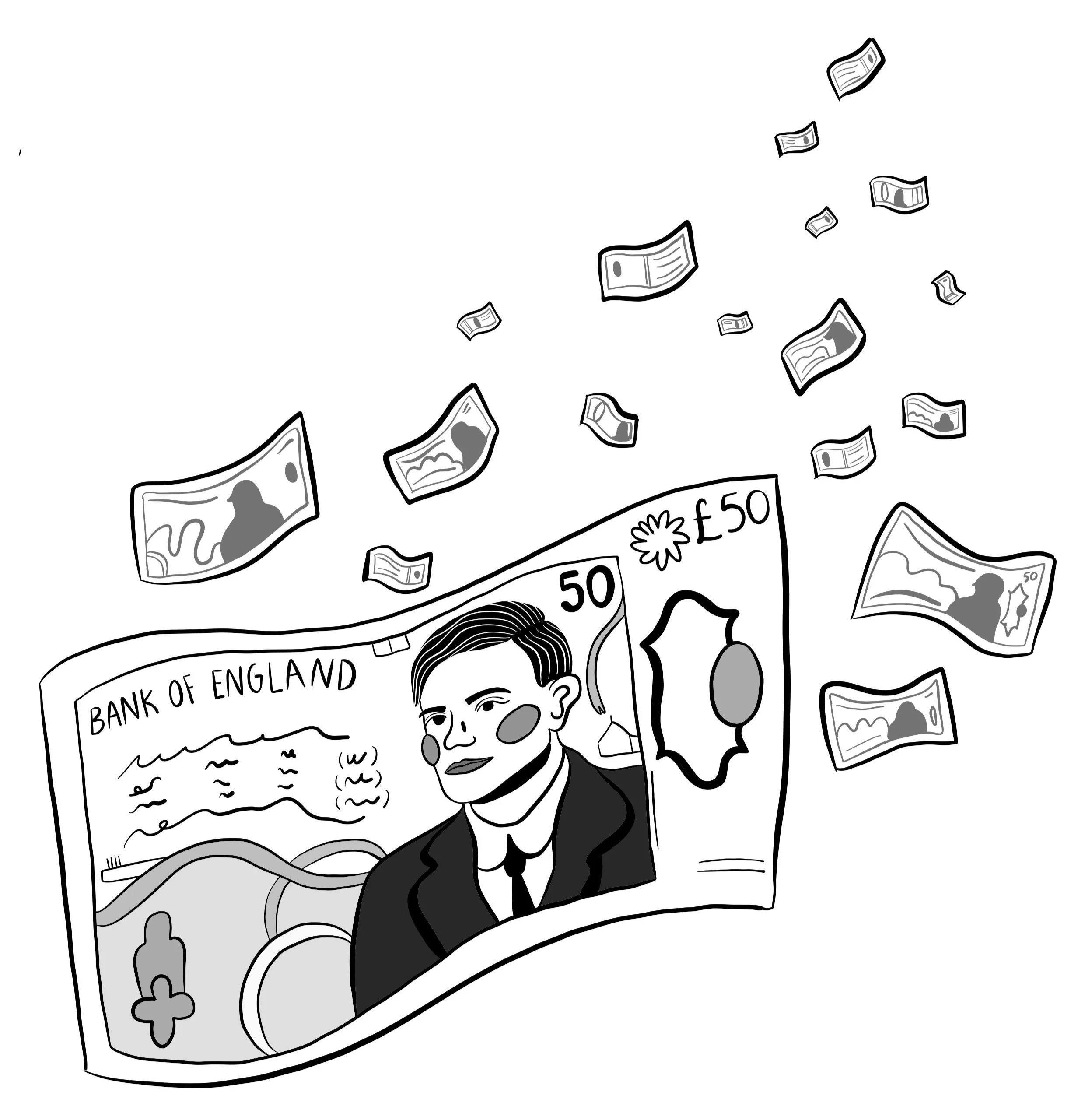 Black and white illustration of a British fifty pound banknote with a man’s portrait, with money flying around.