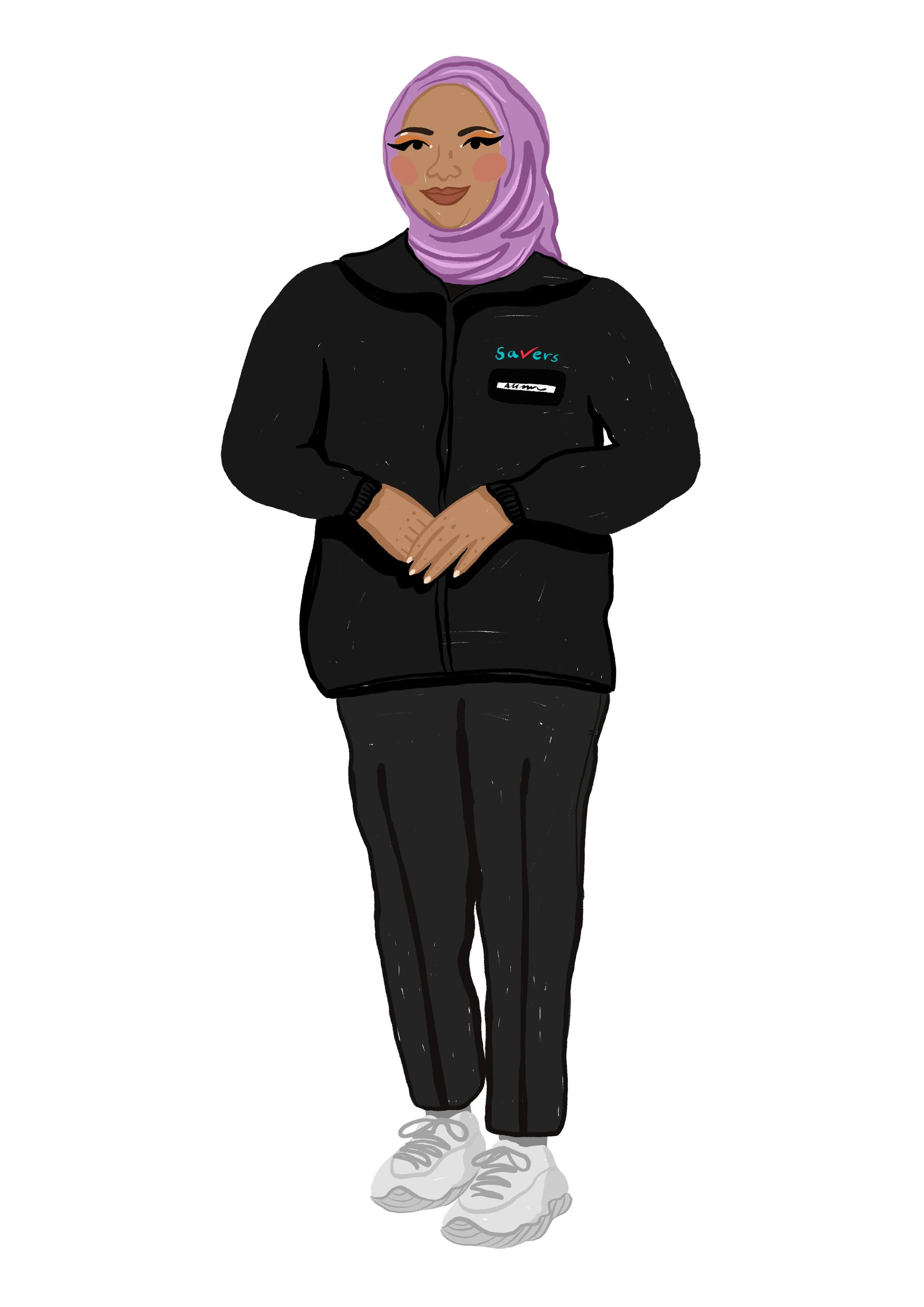 Drawing of a woman with a purple hijab, wearing a black jacket with colorful embroidery, black pants, and white sneakers, standing with hands clasped.