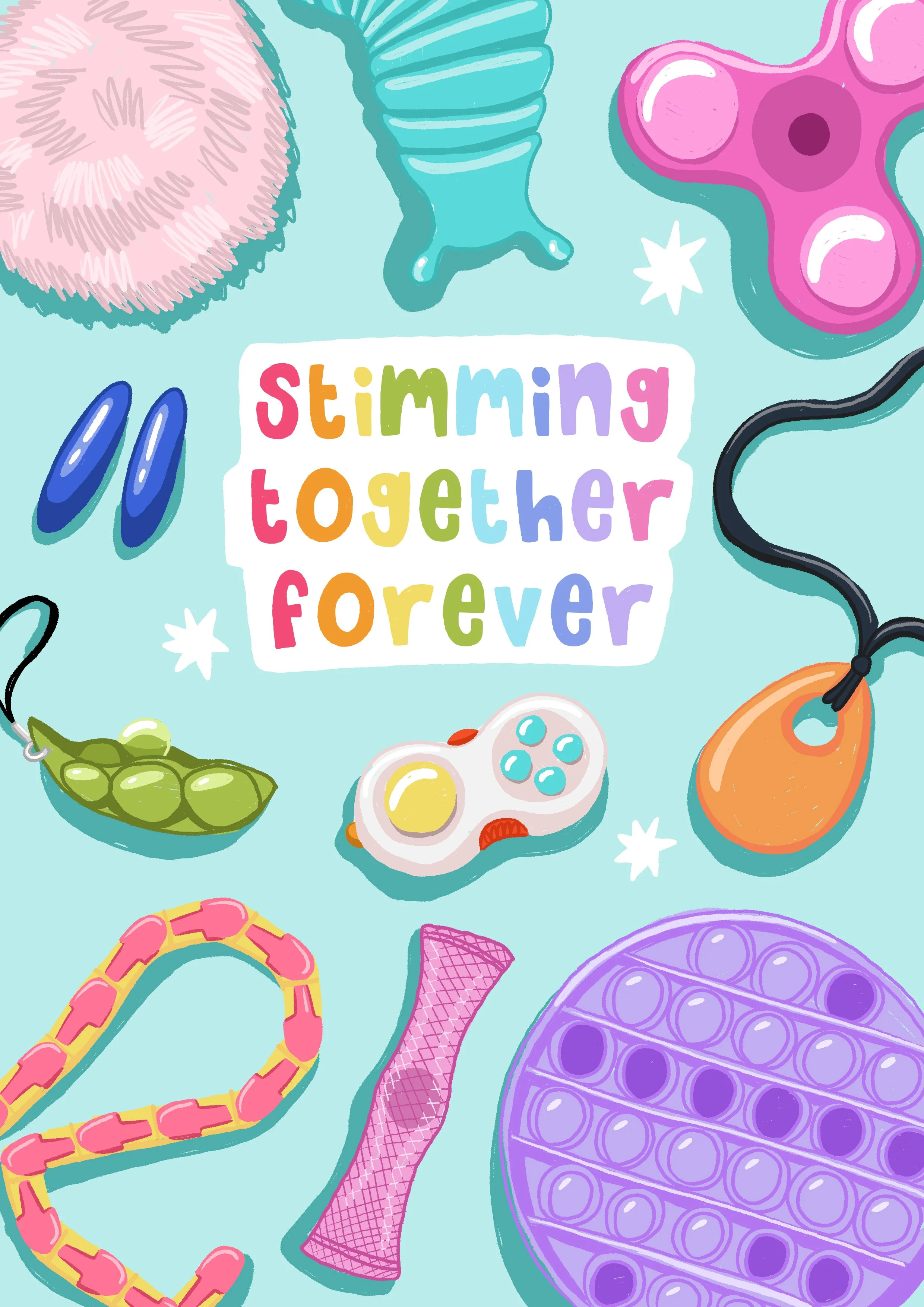 Colorful illustration with fitness and exercise equipment, including a pink fuzzy dumbbell, turquoise resistance band, pink and purple fidget spinner, blue and yellow resistance tube, green pea pod, gray game controller, orange jump rope, pink and ye