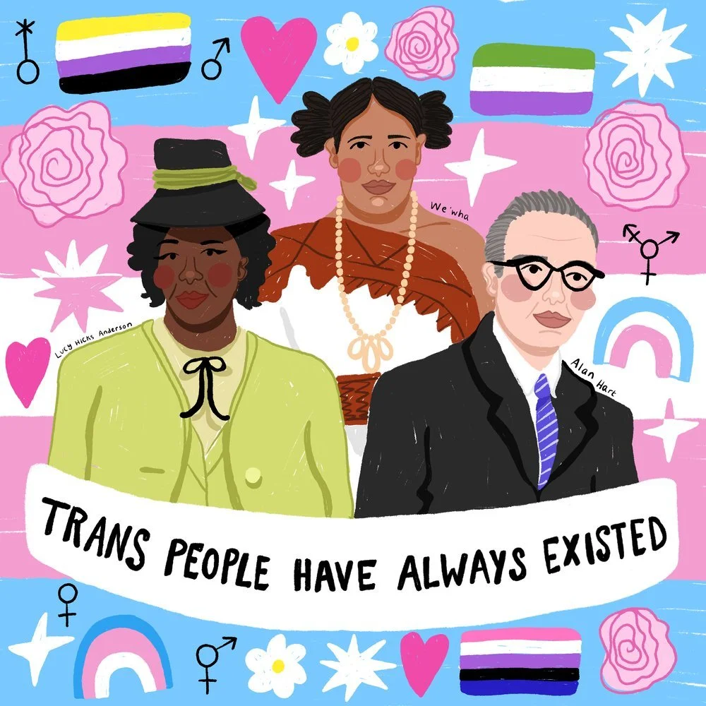 Illustration of three diverse transgender individuals with rainbow, pink, and white background symbols, and a banner that reads 'Trans People Have Always Existed.'