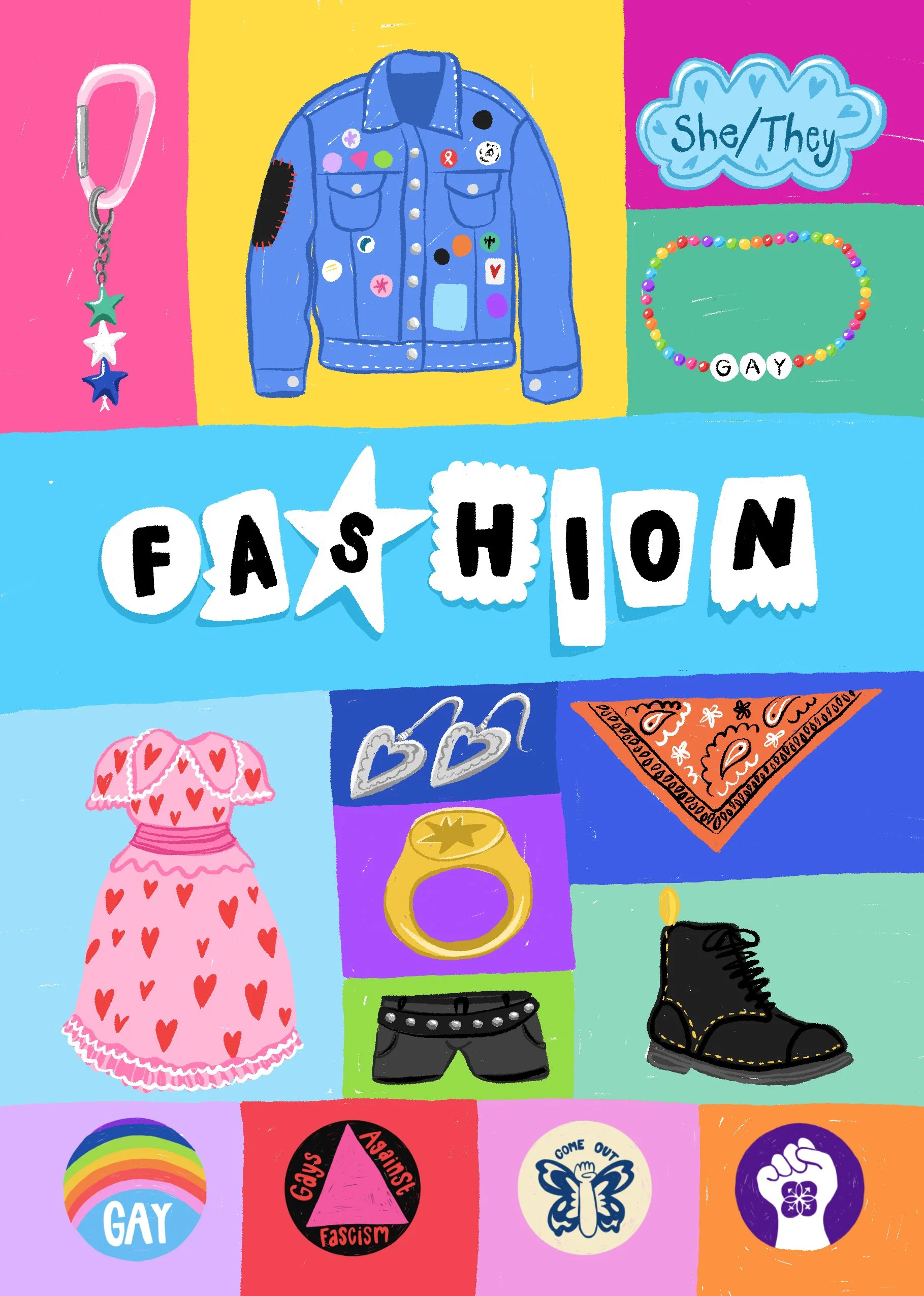 Colorful illustration featuring various fashion items such as a blue denim jacket with pins, colorful jewelry including necklaces, earrings, and rings, a pink dress with red hearts, a pair of black combat boots, and bandanas. The background contains