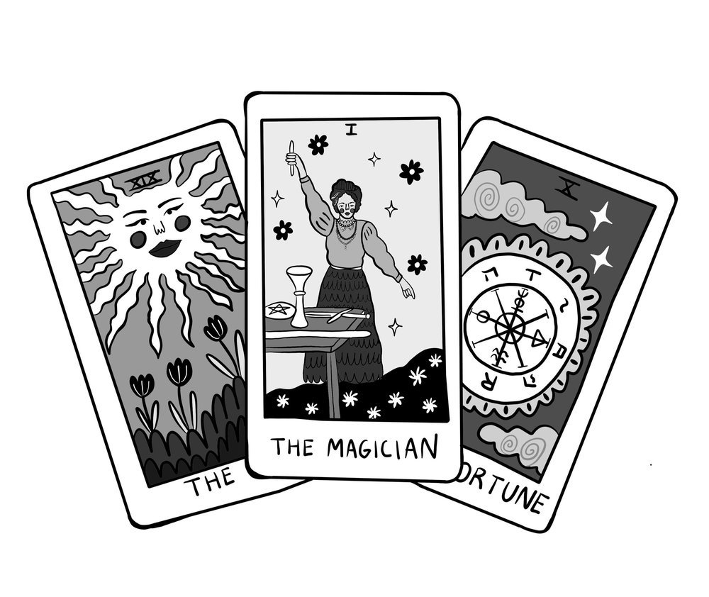 Black and white illustration of three tarot cards labeled The Sun, The Magician, and Fortune, with images representing each card.