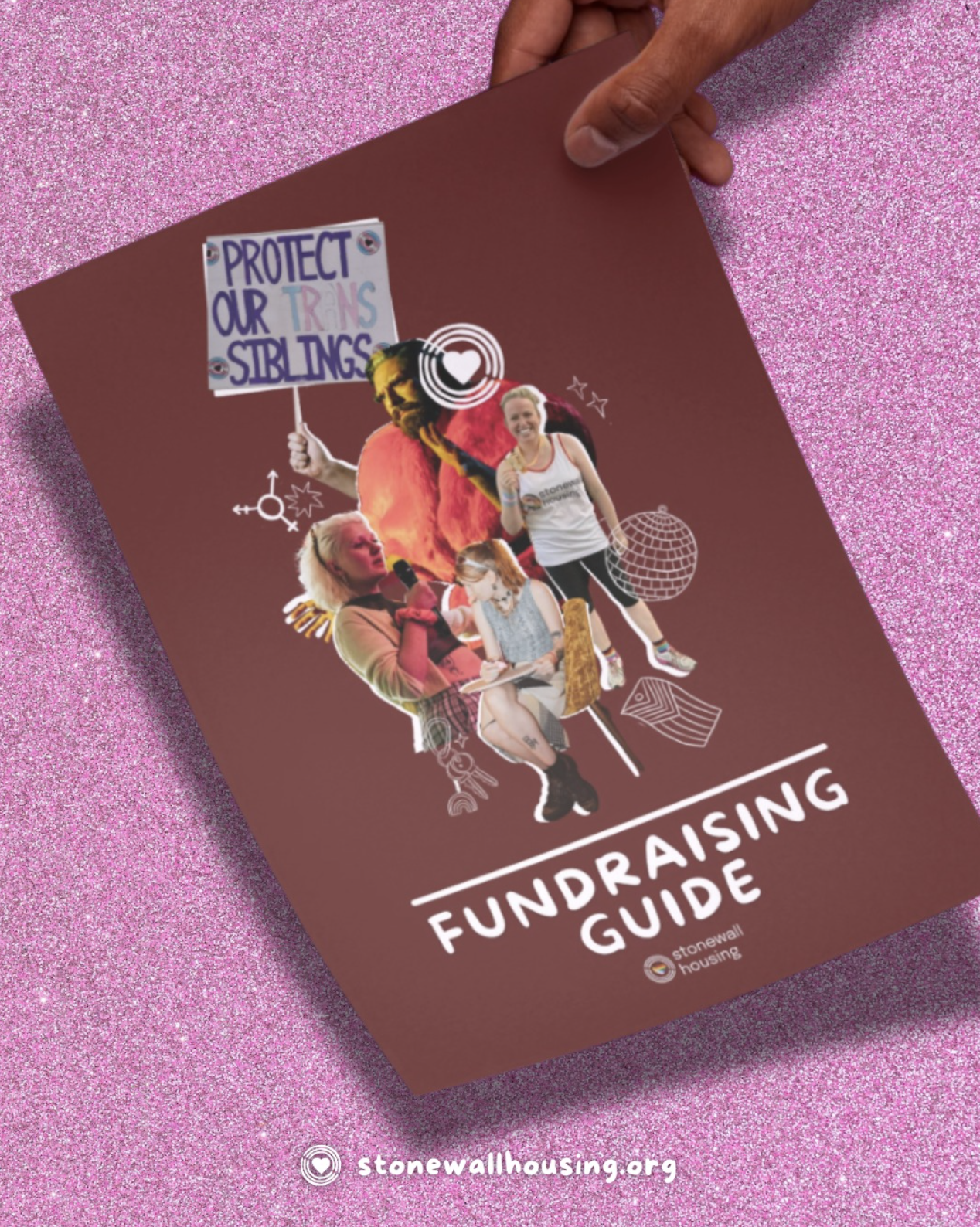 A fundraising guide booklet with a maroon cover, featuring photos of diverse women, a protest sign reading "Protect Our Trans Siblings," and various graphic illustrations, placed on a pink glittery surface.