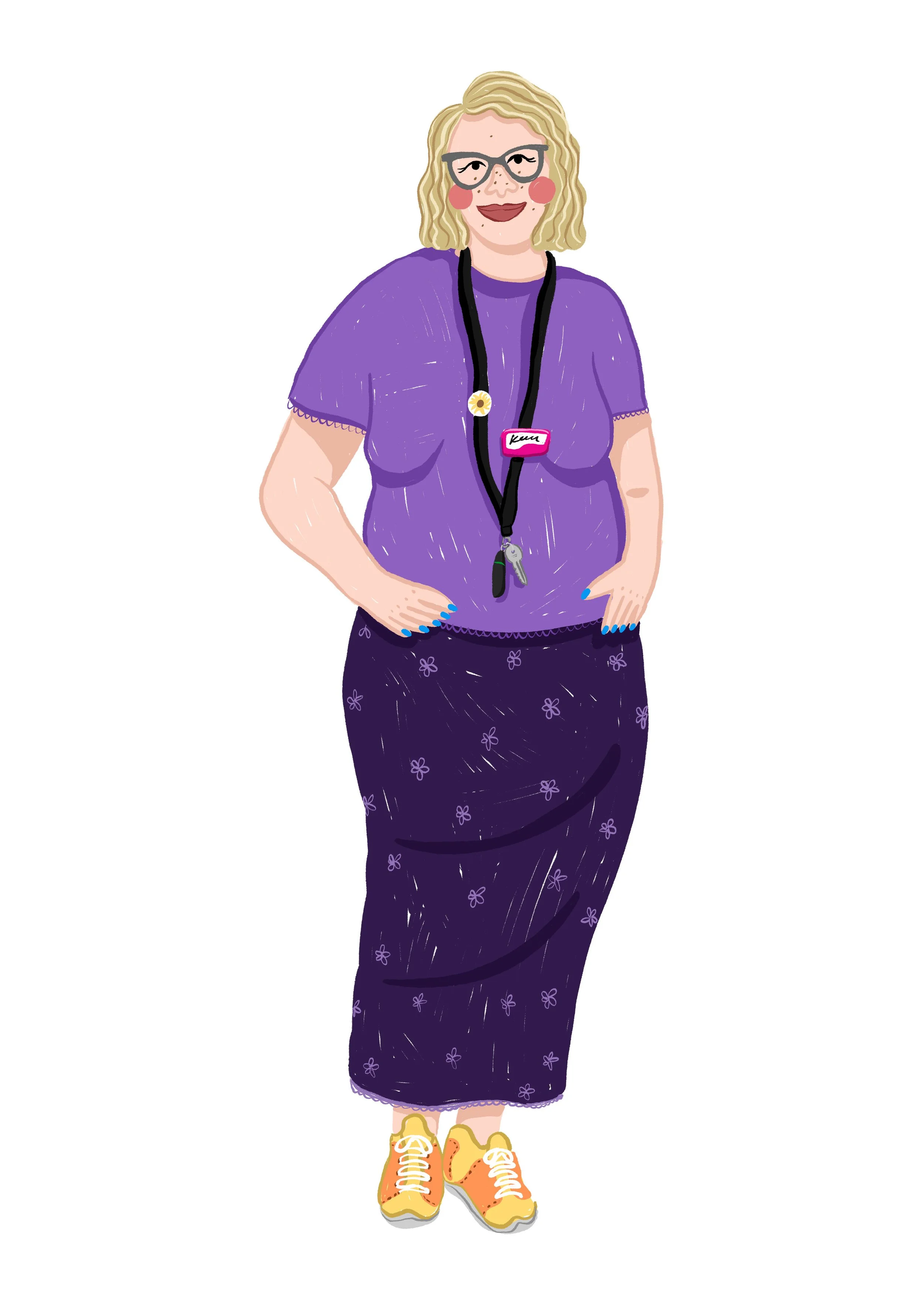 Illustration of a woman with blonde curly hair, glasses, and a purple top, wearing a name badge around her neck and colorful sneakers.