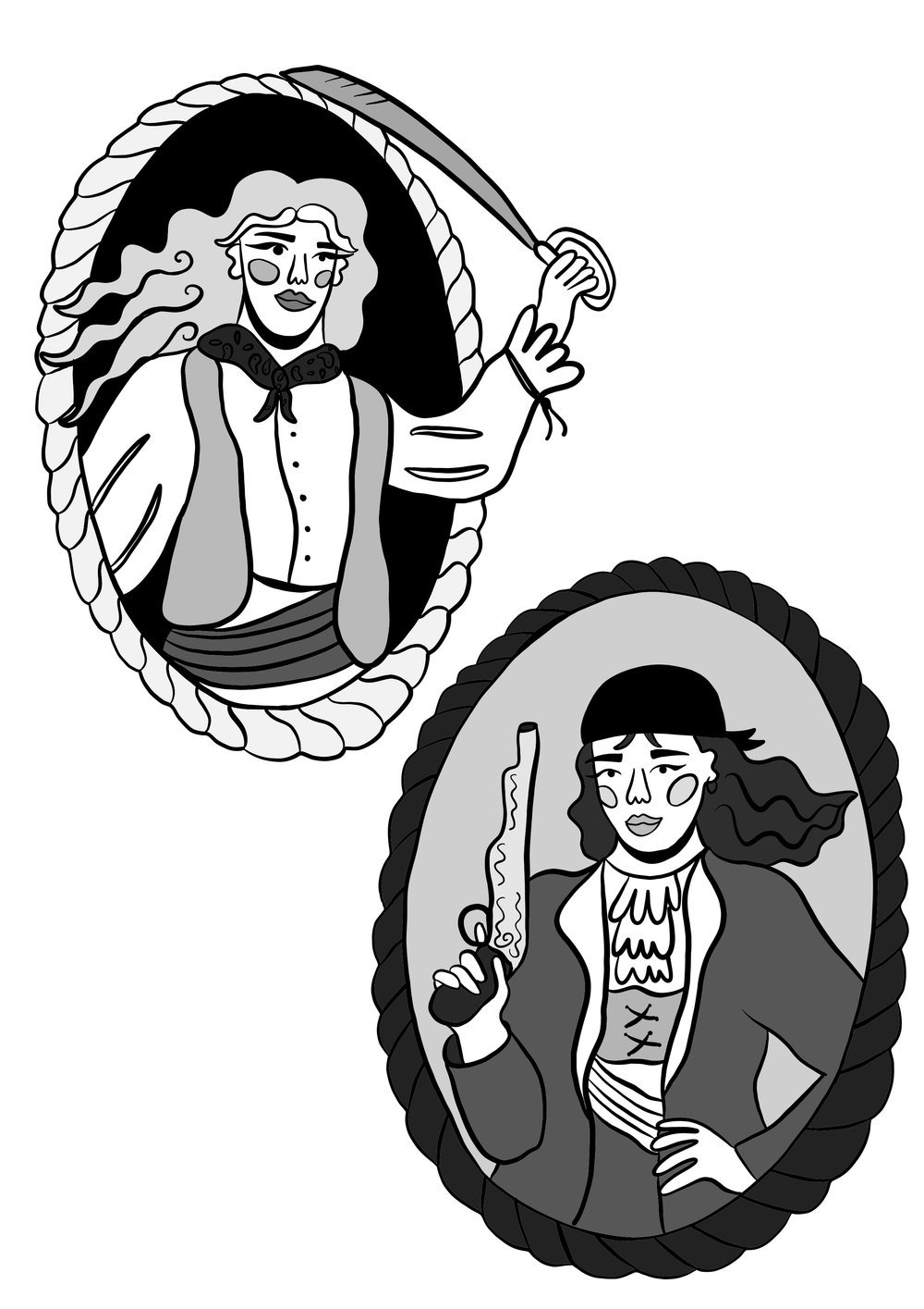 Black and white illustrations of two women dressed as pirates within oval frames with rope borders, each holding a sword.