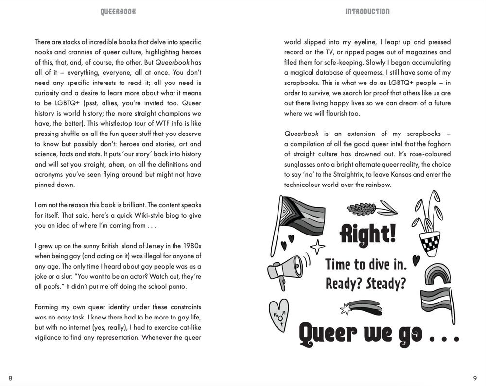 Page from a queer book, with text about queer history and identity, and illustrations including a rainbow flag, hearts, a vase with plants, a rainbow, stars, and a megaphone.