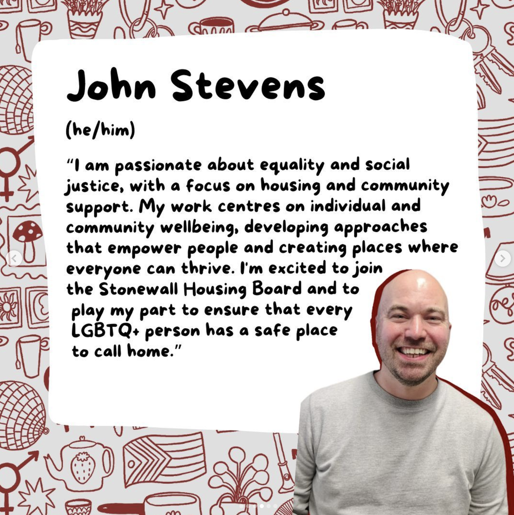 Profile card with a photo of John Stevens and a quote about his passion for social justice, housing, and community support, with a background of red doodle icons including mushrooms, teapots, flags, and stars.