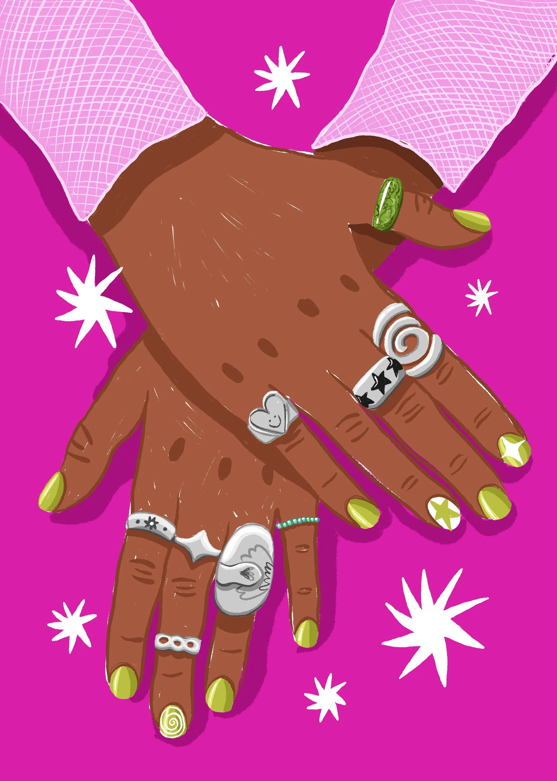 Drawing of two hands with dark skin, placed one on top of the other, adorned with multicolored rings and painted lime green nails. The background is bright pink with white star-shaped accents.