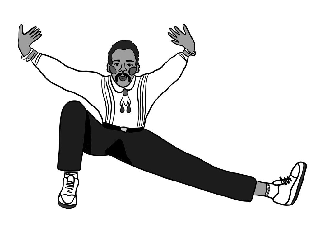 A person with glasses, curly hair, and a mustache wearing a striped shirt, dark pants, and sneakers, in a wide-legged pose with arms raised and smiling.