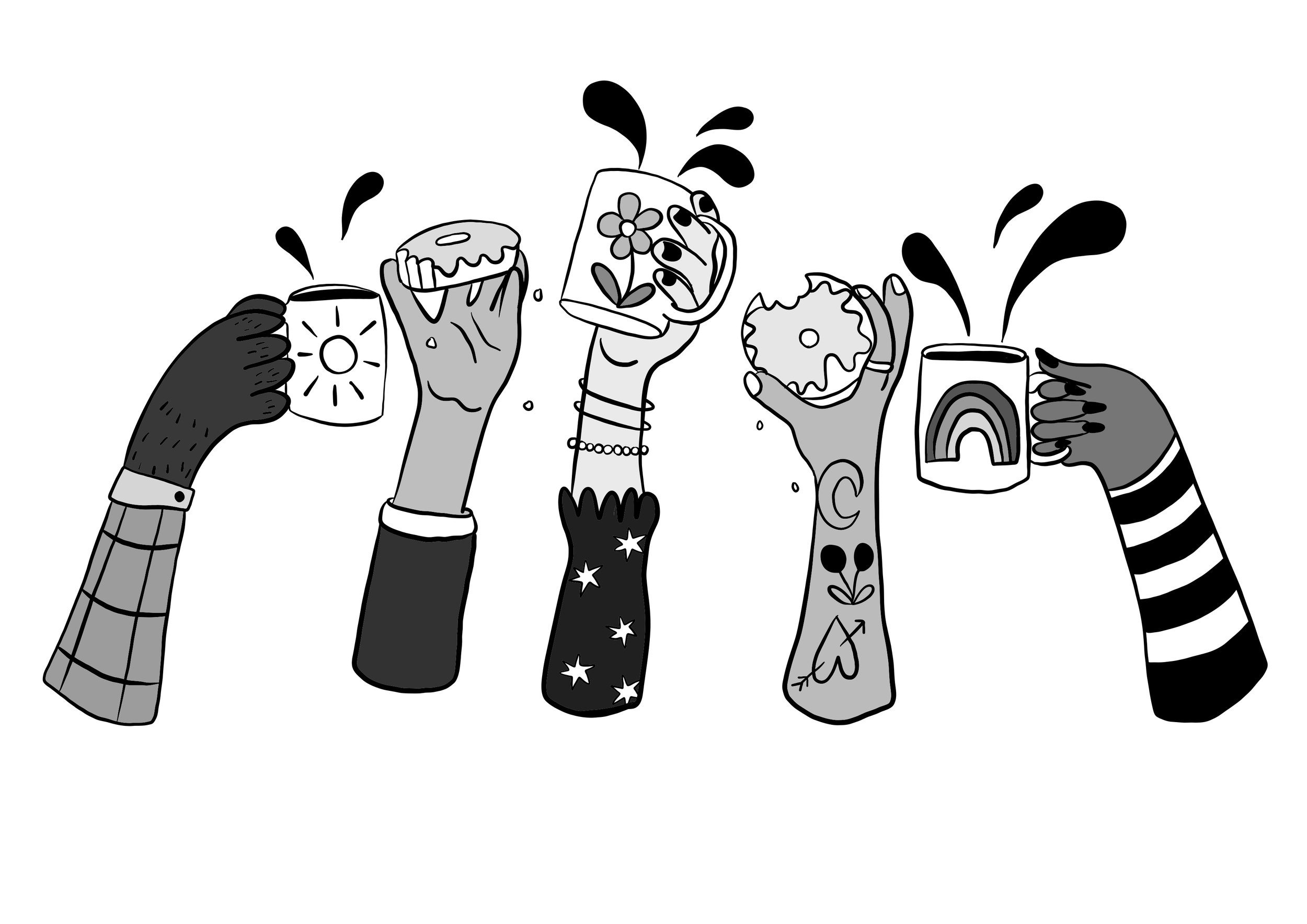 Five hands holding mugs with drinks, toasting; some hands have tattoos or jewelry; one hand has a striped sleeve, and another has a sleeve with stars.