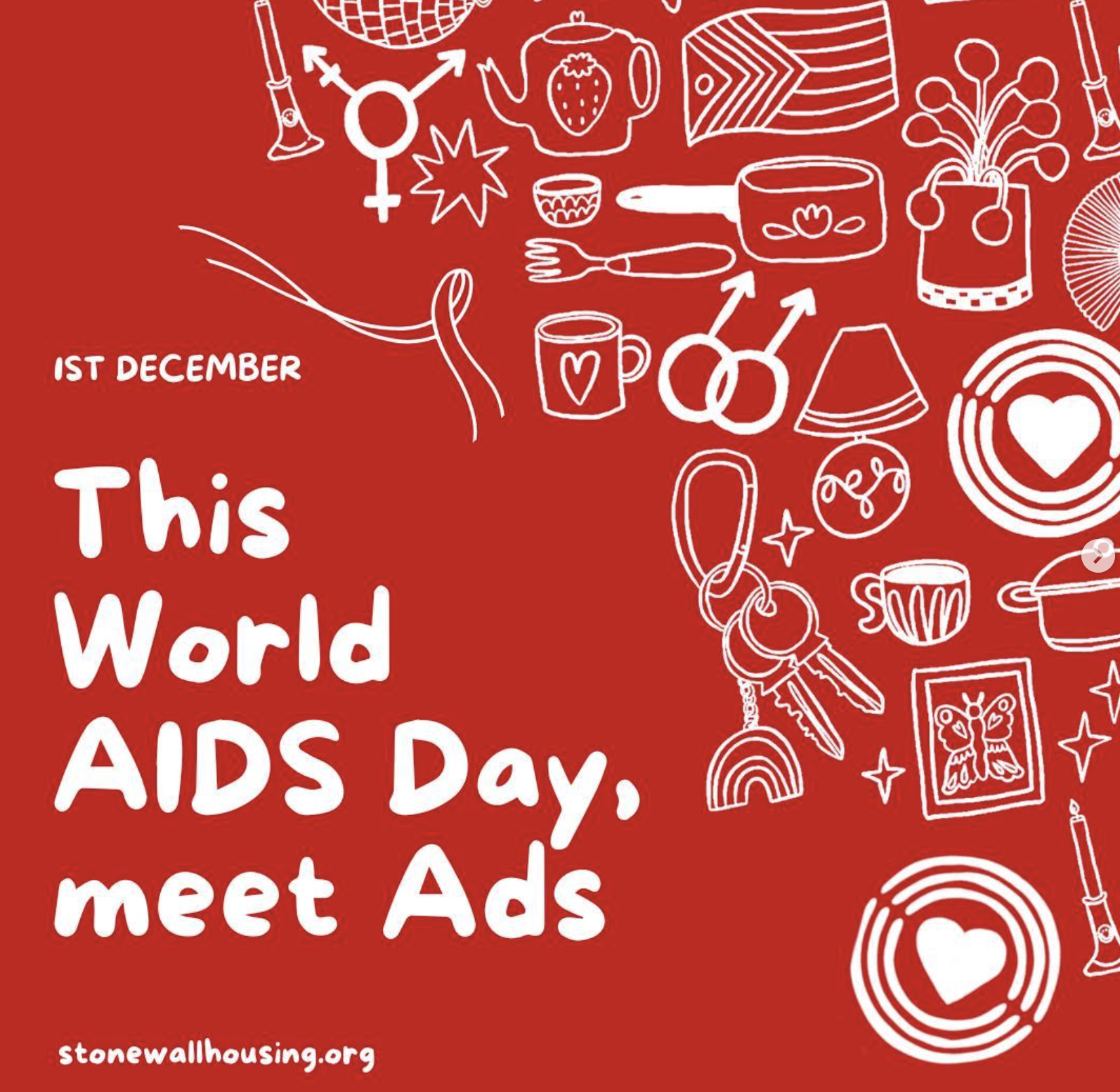 Red background featuring white line drawings of various symbols and items including a watering can, cherries, a lamp, a rainbow, a heart, and candles. Text indicates December 1st, with the message 'This World AIDS Day, meet Ads' and a website URL 'st