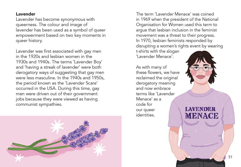 An illustration of a woman with short brown hair, glasses, and a lavender t-shirt that reads 'Lavender Menace'. She is smiling and has her hands in her pockets.