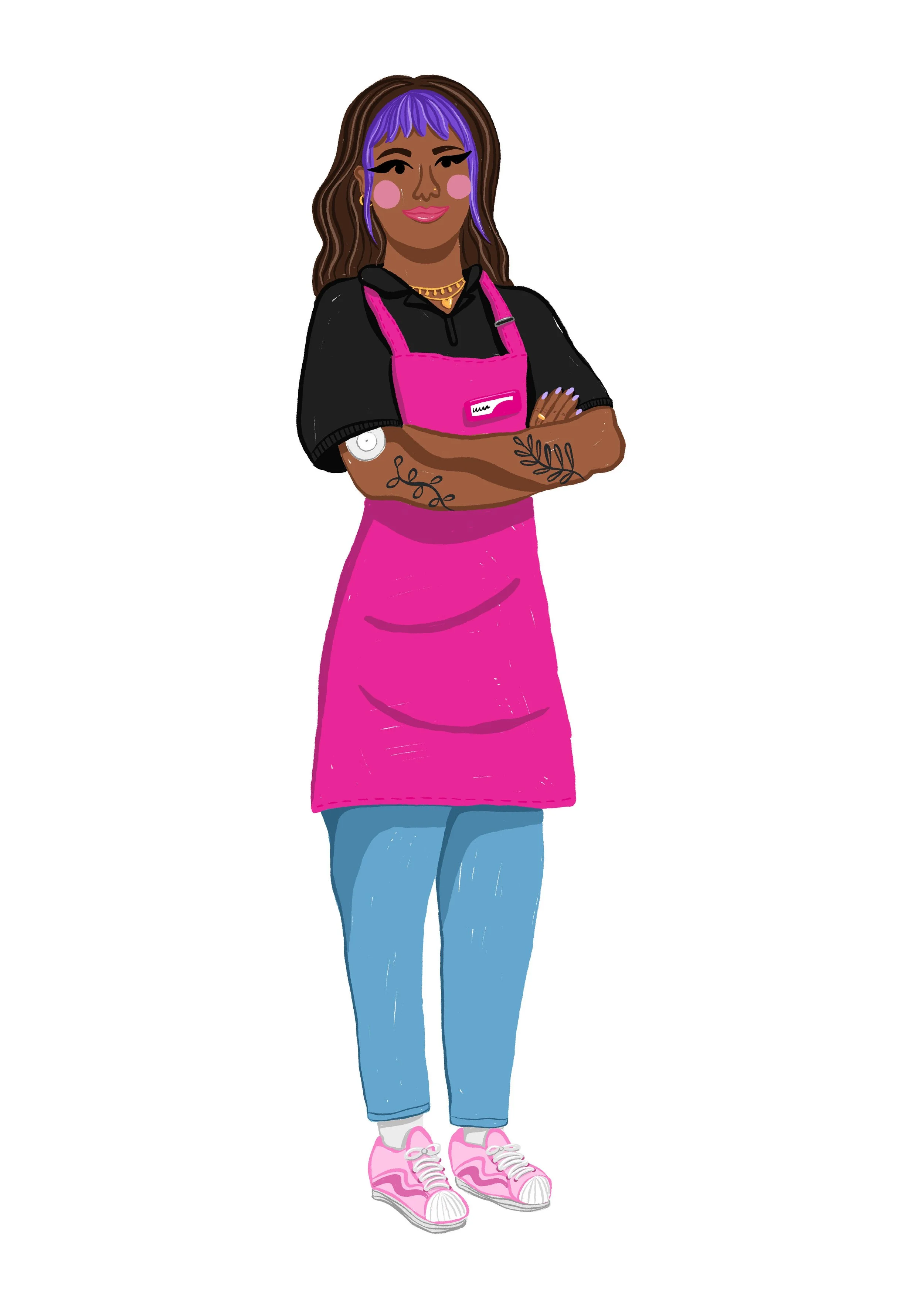 Illustration of a woman with brown hair and purple bangs, wearing a black shirt, pink apron, blue jeans, and pink sneakers, standing with arms crossed.