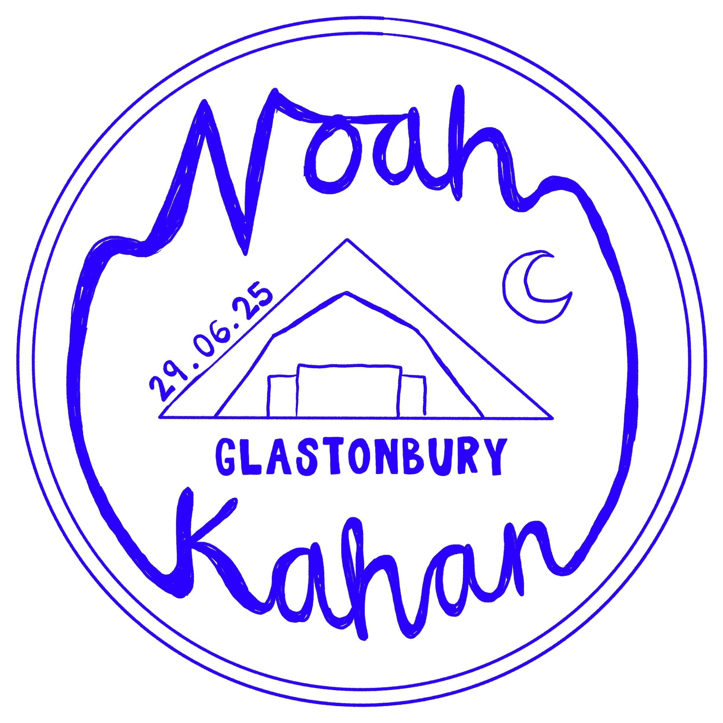 A hand-drawn blue and white circular logo for Noah Kahan, featuring mountains, a moon, and the date '29.06.25', with the location 'Glastonbury' at the bottom.