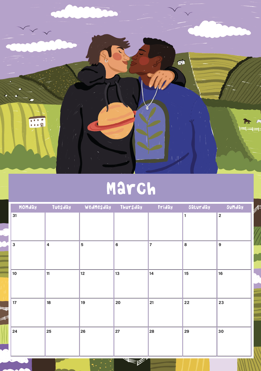 Illustration of a couple embracing outdoors with rolling green hills, farms, and a purple sky in the background, featuring clouds and birds. The calendar displayed is for March.