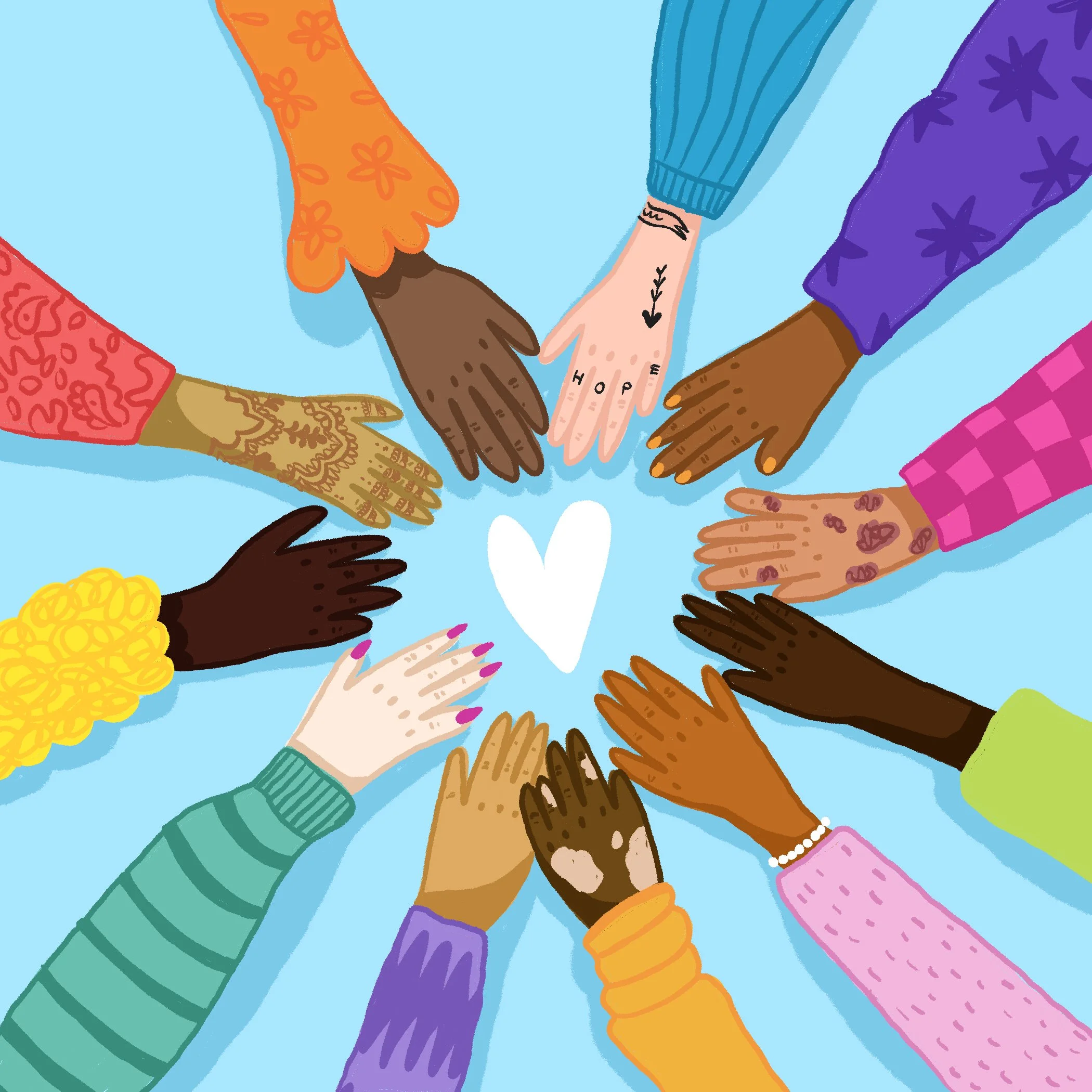 Illustration of diverse hands reaching towards a white heart on a light blue background.