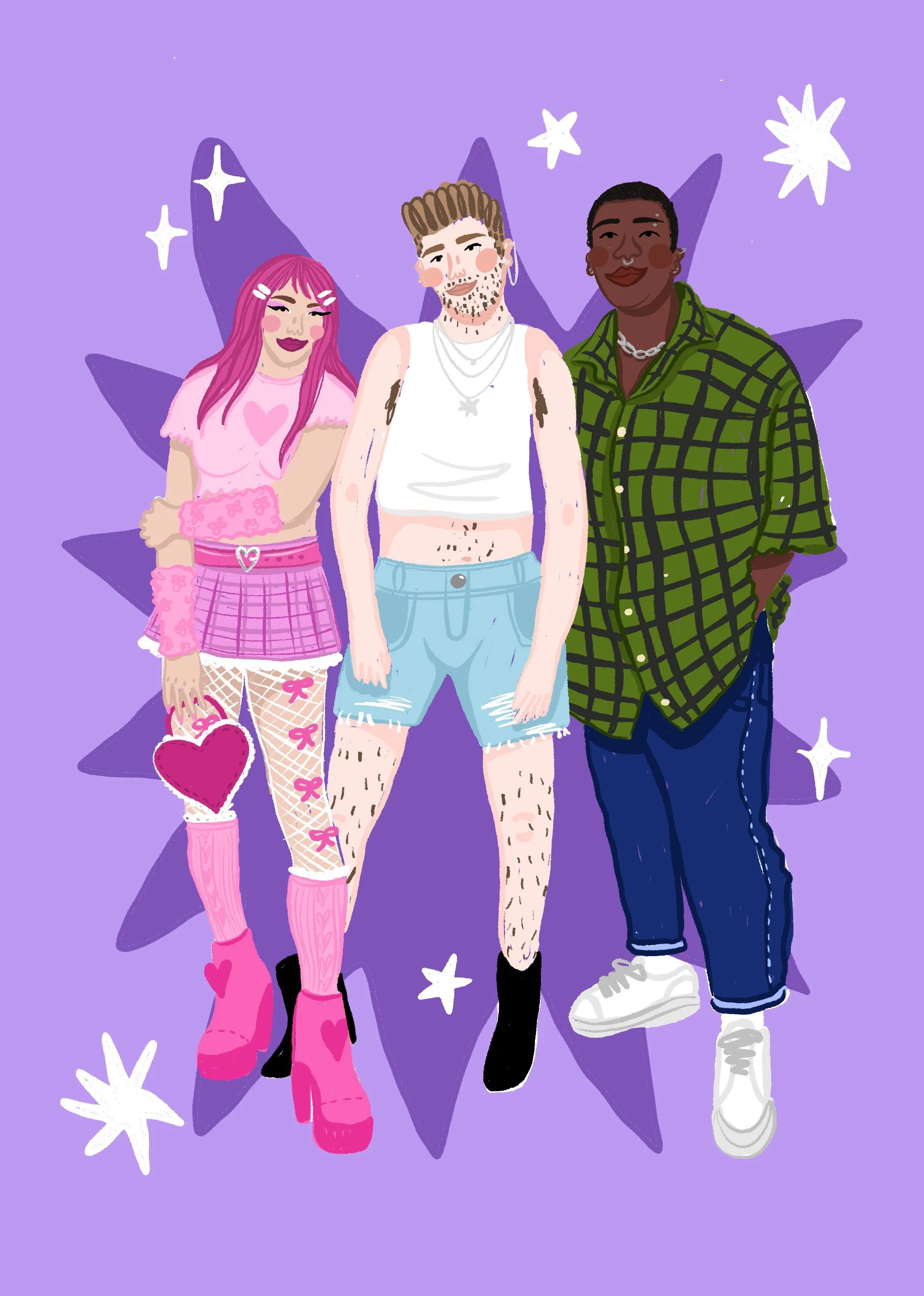 Drawing of three diverse people standing together against a purple star-shaped background, with stars and sparkles around them.