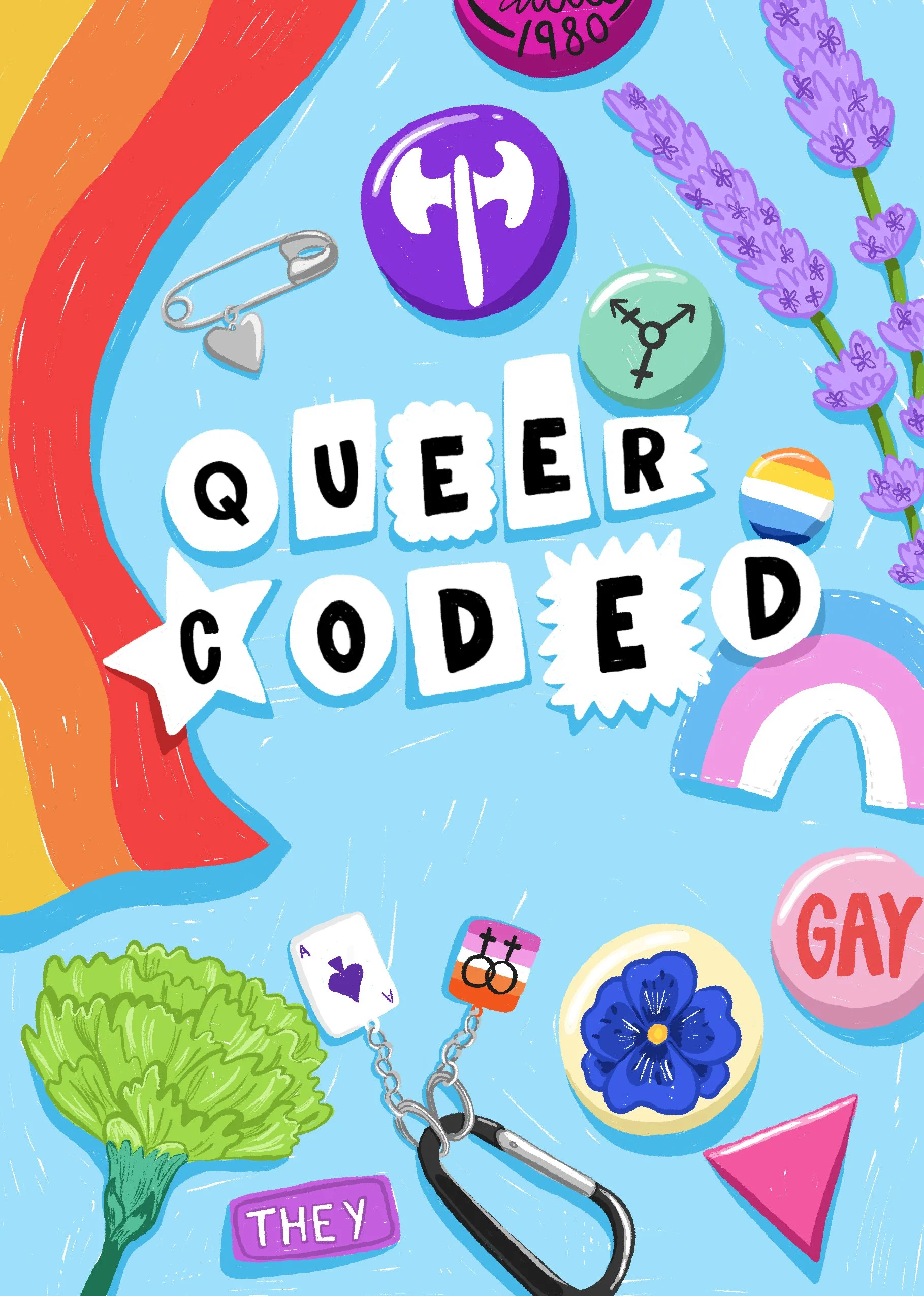 Illustration with rainbow, lavender sprigs, rainbow-colored ball, rainbow badge, cards and jewelry, and text reading 'QUEER CODED'.