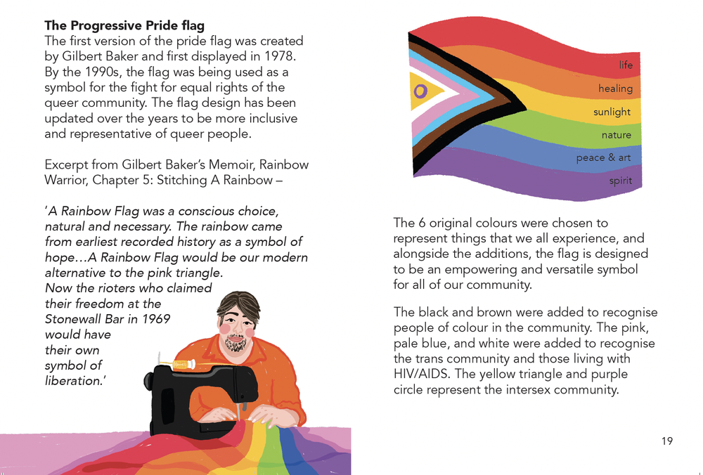 An illustrated page explaining the history and meaning of the Pride flag, featuring a rainbow-colored flag with labels for life, healing, sunlight, nature, peace & art, and spirit. There is also an illustration of a person with short hair, smiling, h