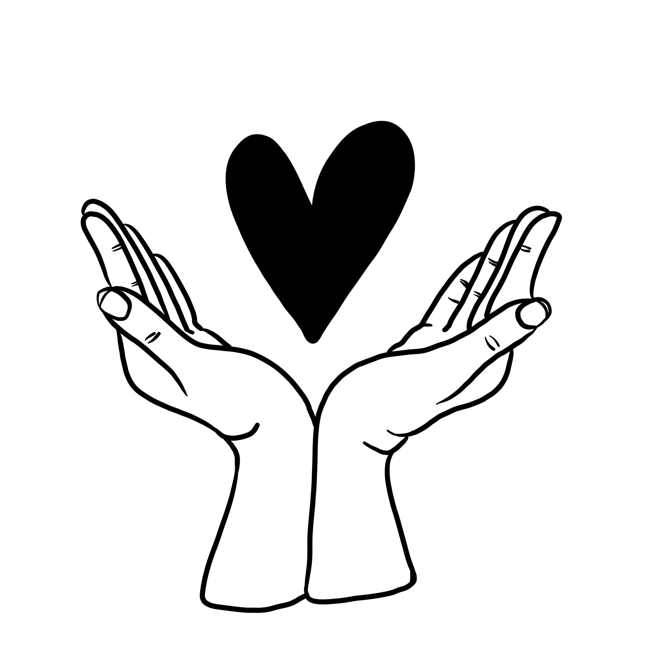 Line drawing of two hands with palms facing up, holding a black heart symbol.