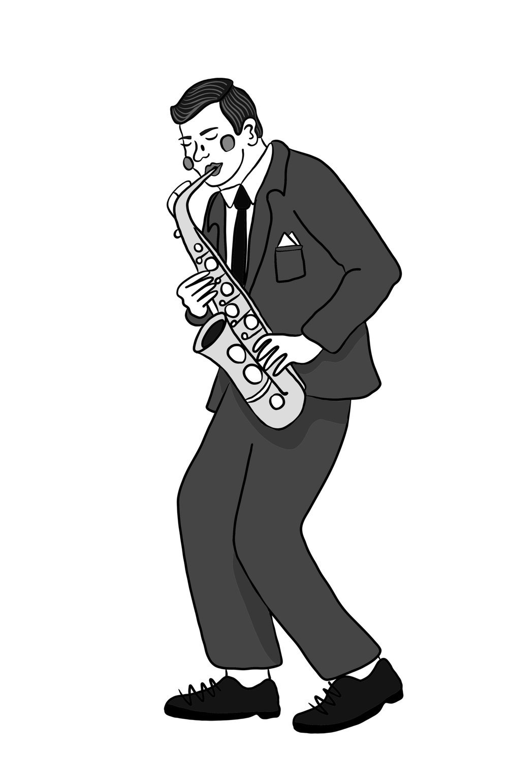 Black and white illustration of a man in a suit playing a saxophone. He is dancing with his eyes closed and appears to be enjoying the music.