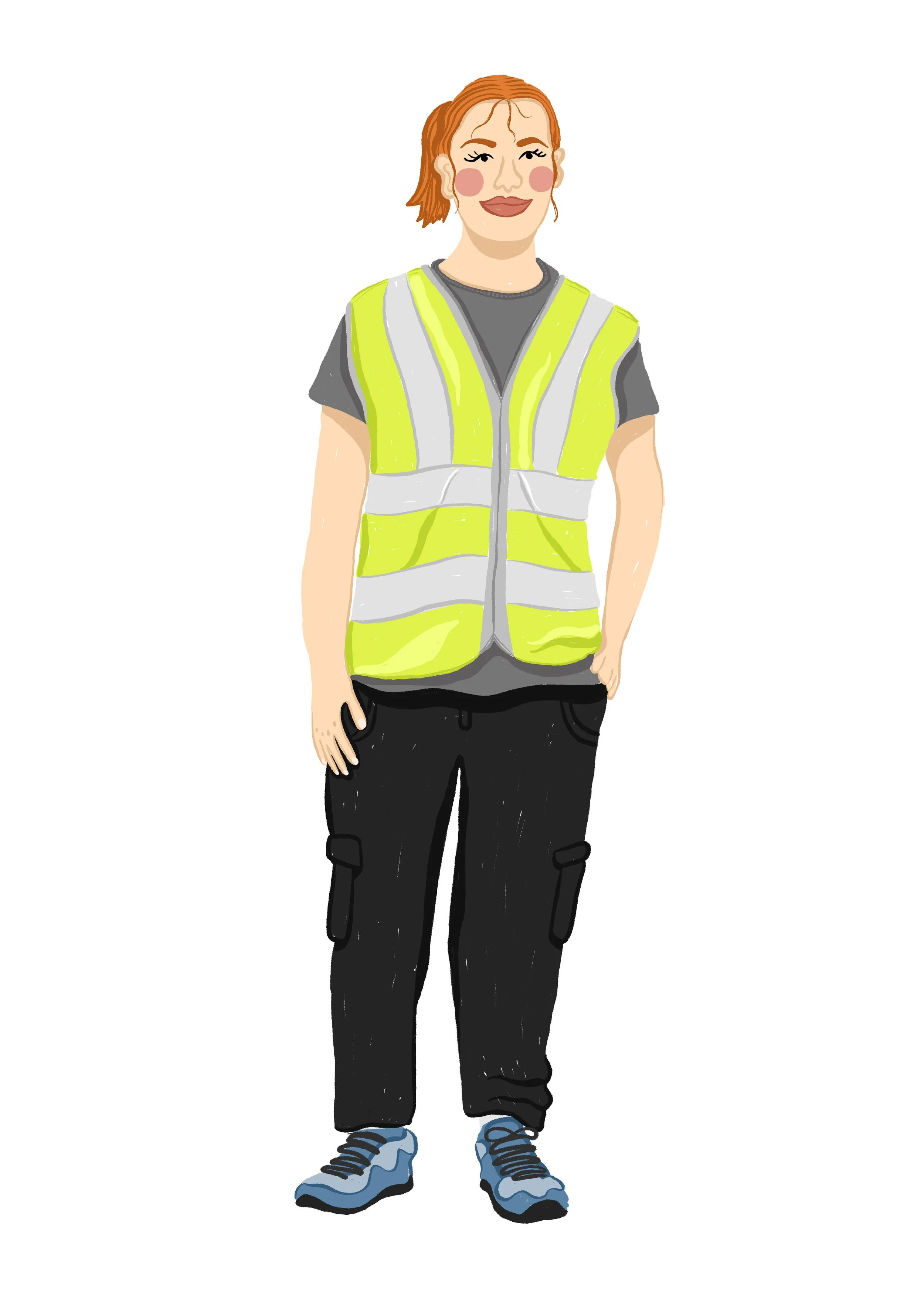 Illustration of a woman wearing a high-visibility safety vest, black cargo pants, and blue sneakers.