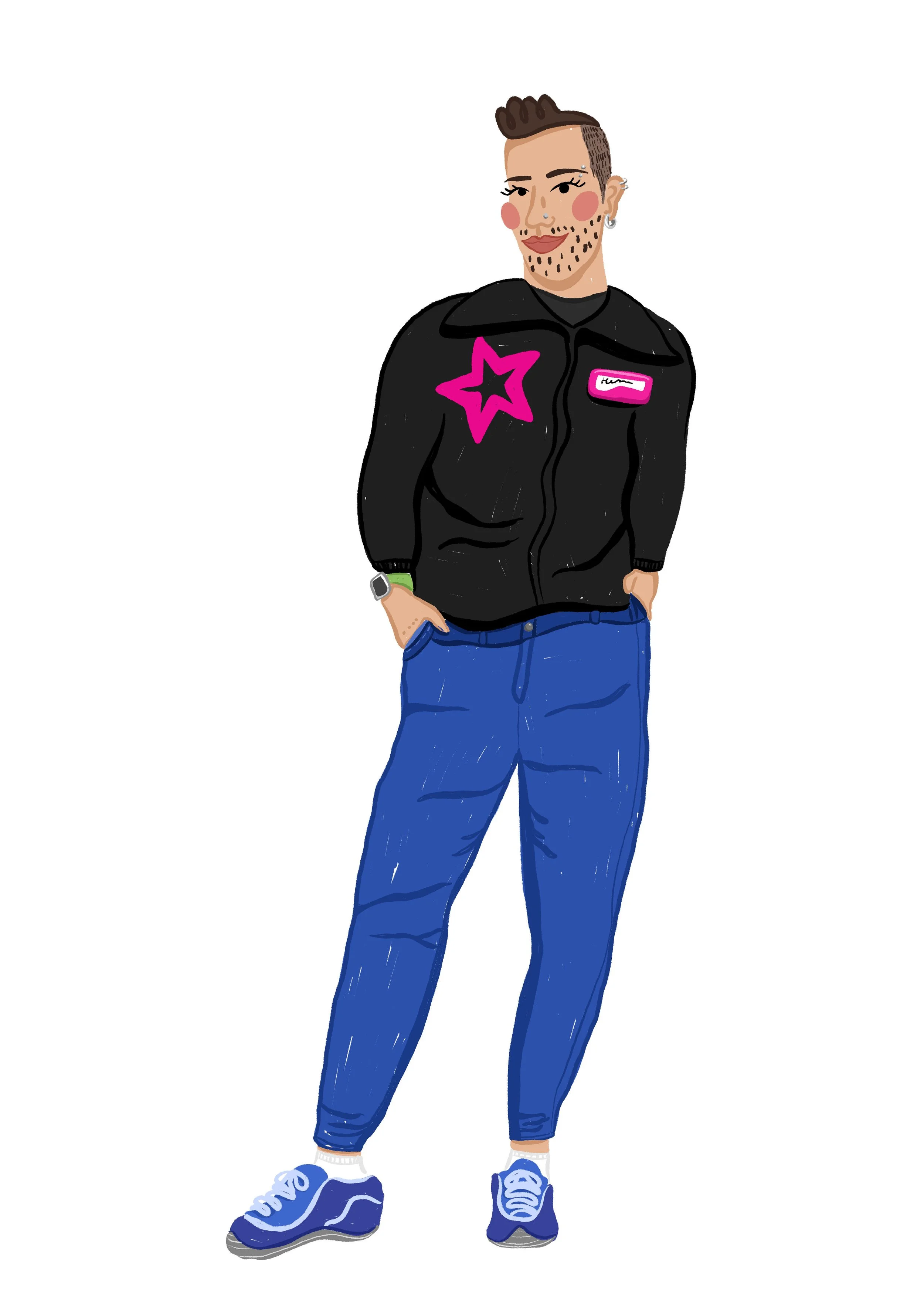 Digital illustration of a person with short, styled hair, facial hair, and casual clothing, standing with hands in pockets.
