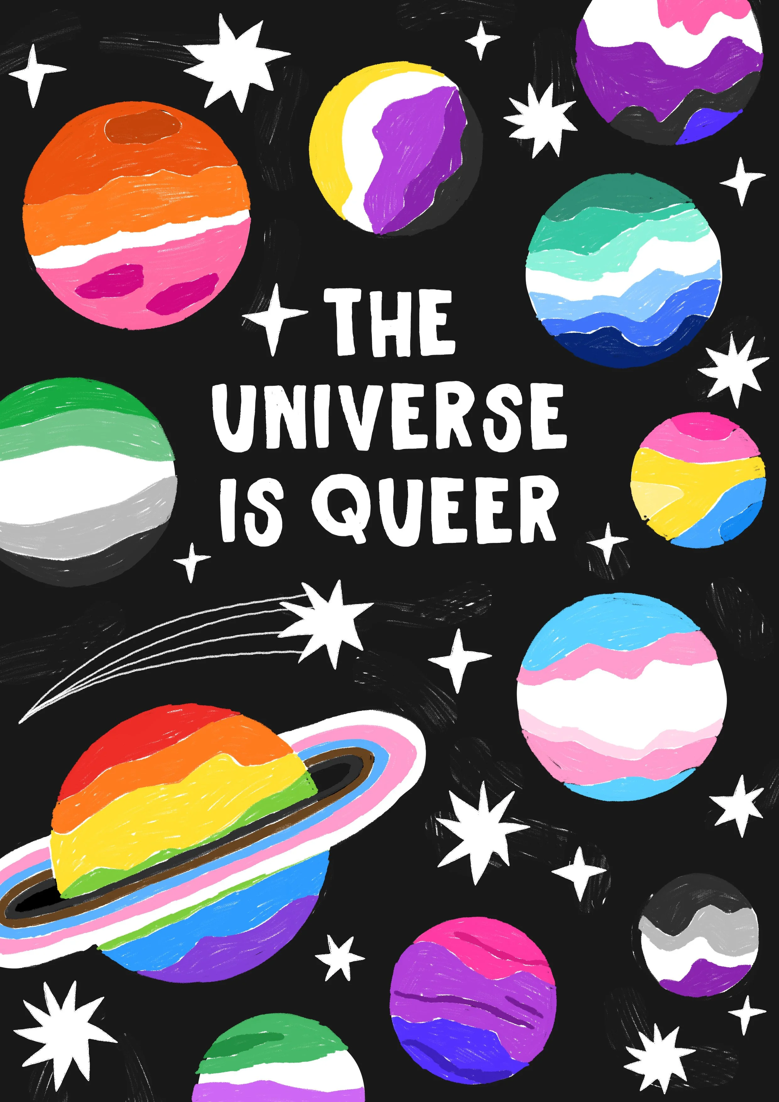 Colorful illustrations of planets and stars in space with the text 'The universe is queer' in the center.