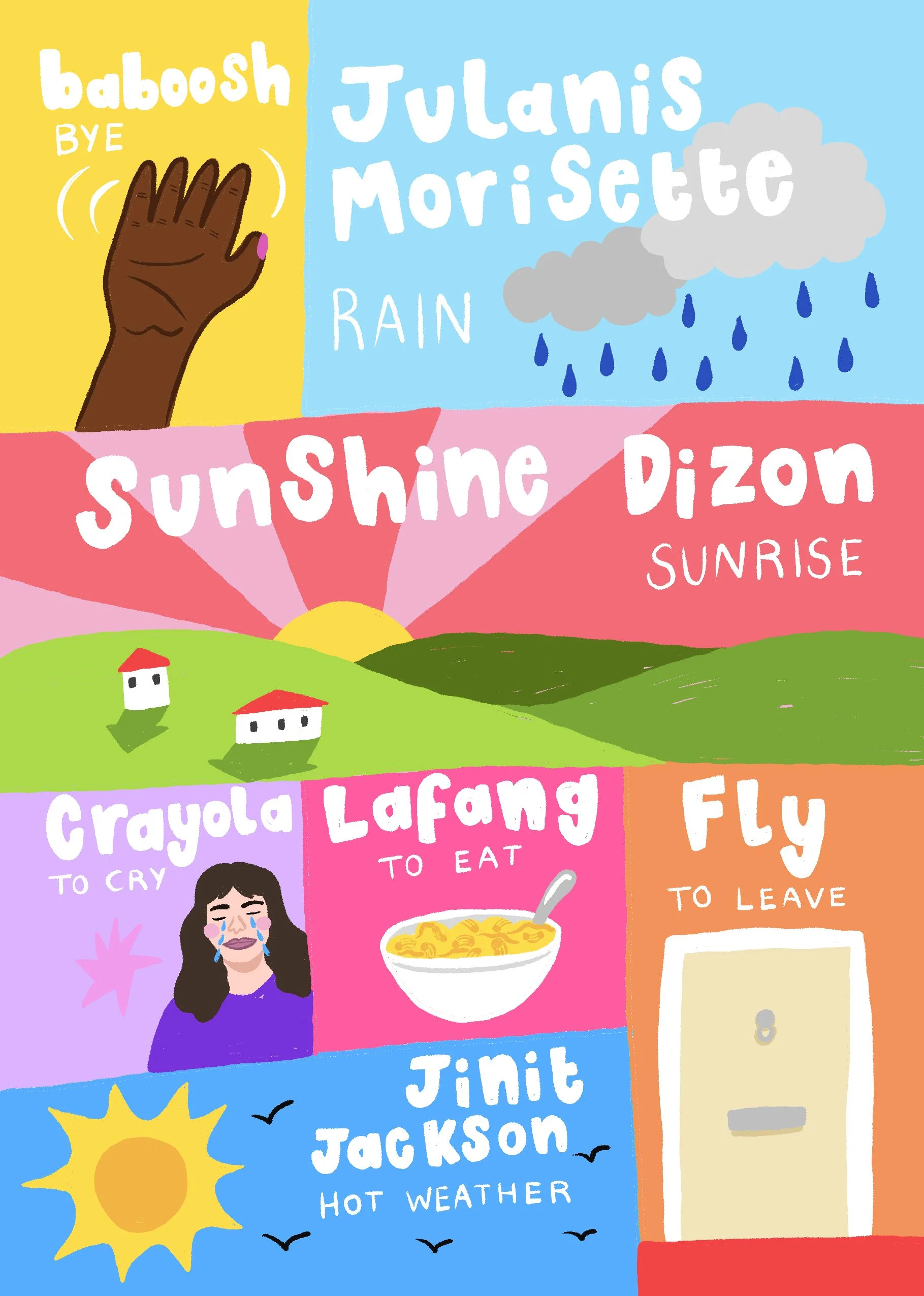 A colorful illustrated cover featuring weather, nature, and human emotions, with text about rain, sunshine, sunrise, crying, eating, and leaving, along with the name Junit Jackson and symbols of sunny weather, rainy clouds, a sunrise, houses, and a c
